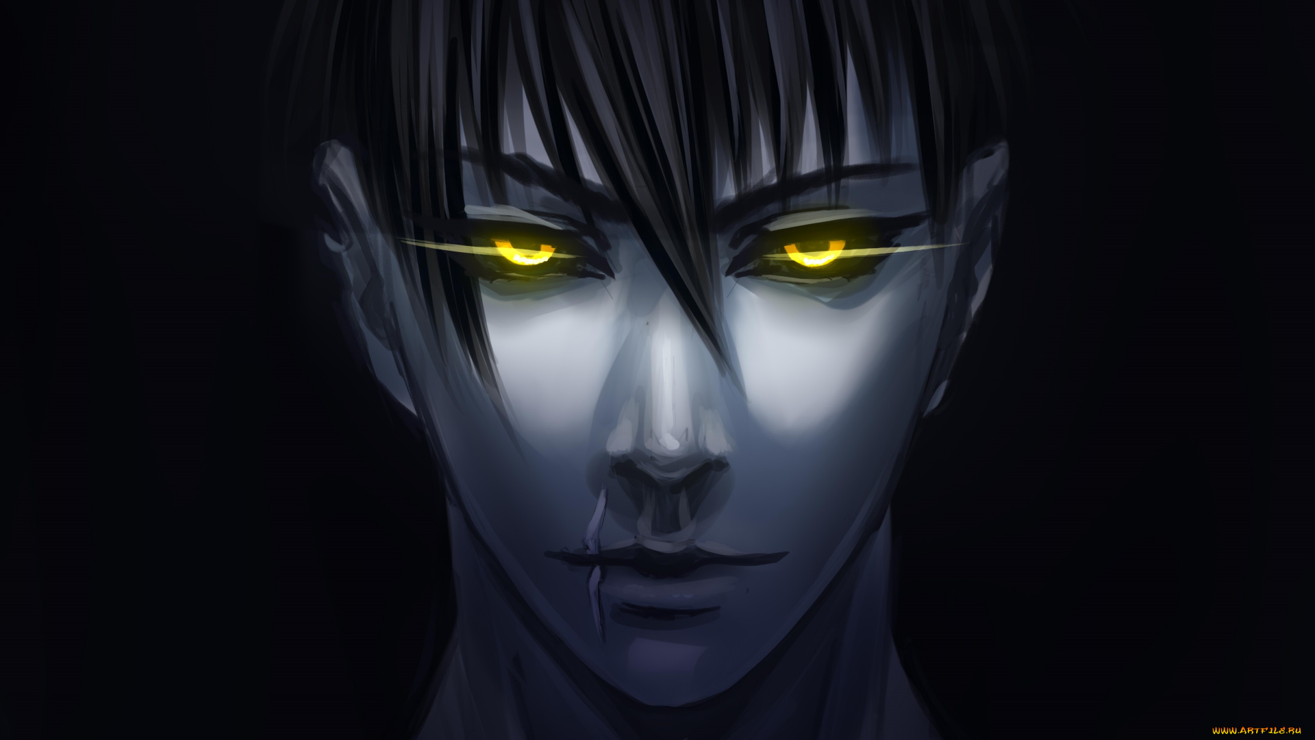 аниме, *unknown, , другое, чёрный, глаза, зелёные, взгляд, парень, брюет, лицо, мрак