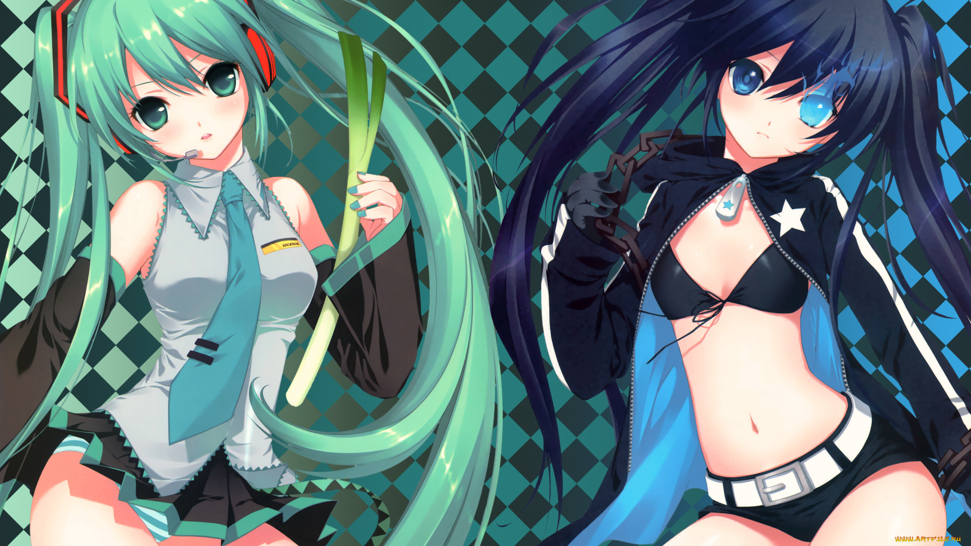 аниме, vocaloid, art, dmyo, hatsune, miku, black, rock, shooter