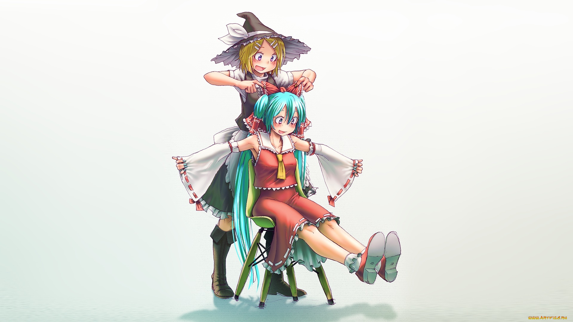 аниме, vocaloid, арт, takouji, touhou, hatsune, miku, kagamine, rin, девушки, косплей, шляпа, бант