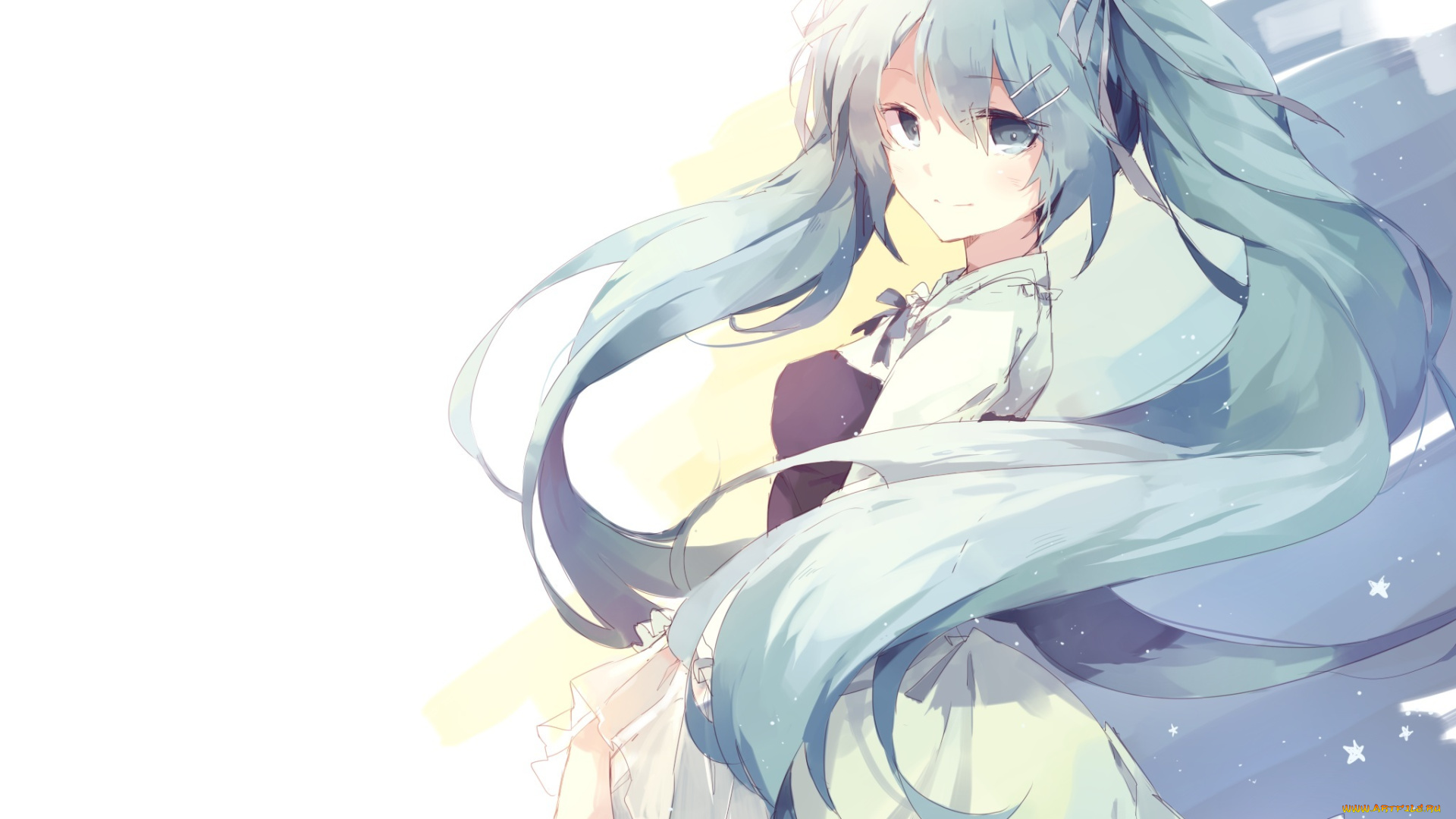 аниме, vocaloid, hatsune, miku, девушка, арт, заколки, звездочки, волосы