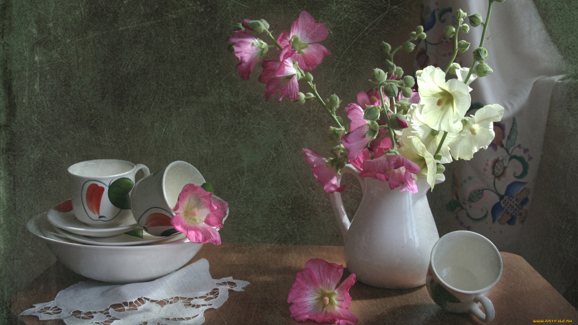 цветы, мальвы, чашки, букет