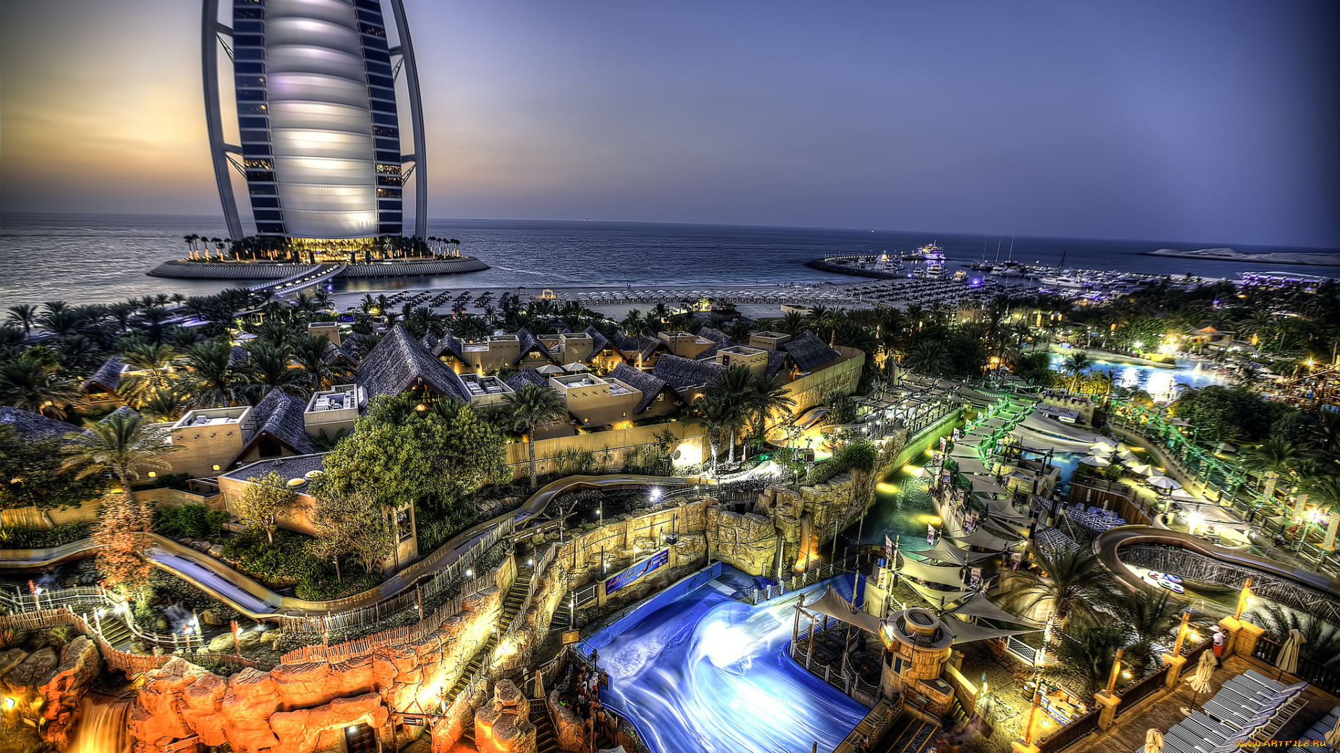 dubai, uae, города, дубаи, , оаэ, вечер, побережье, здания, огни