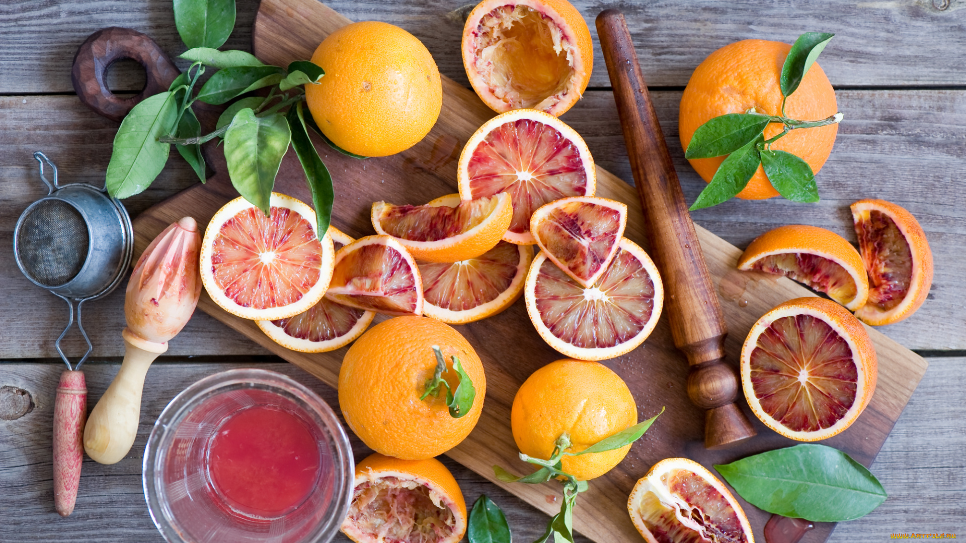 еда, цитрусы, апельсиновый, сок, апельсины, листья, фон