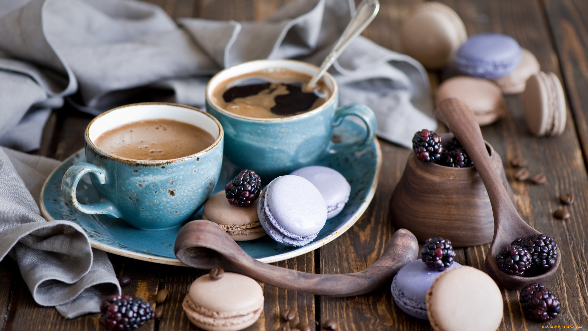 еда, кофе, , кофейные, зёрна, ежевика, макаруны, фон, салфетка, оформление