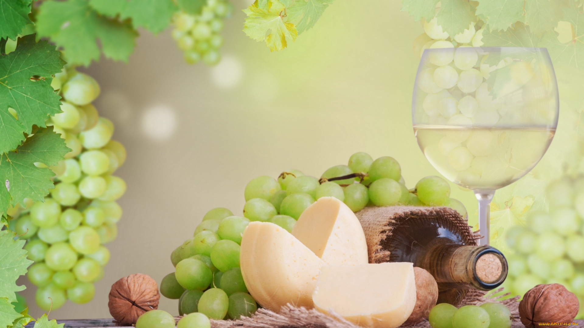 еда, напитки, , вино, бокал, грецкие, орехи, сыр, виноград, белое, вино, бутылка, листья, стол, салфетка