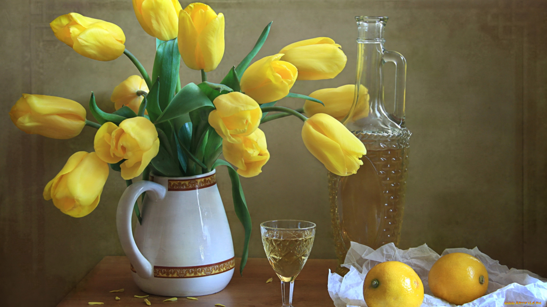 еда, натюрморт, тюльпаны, наливка, лимоны
