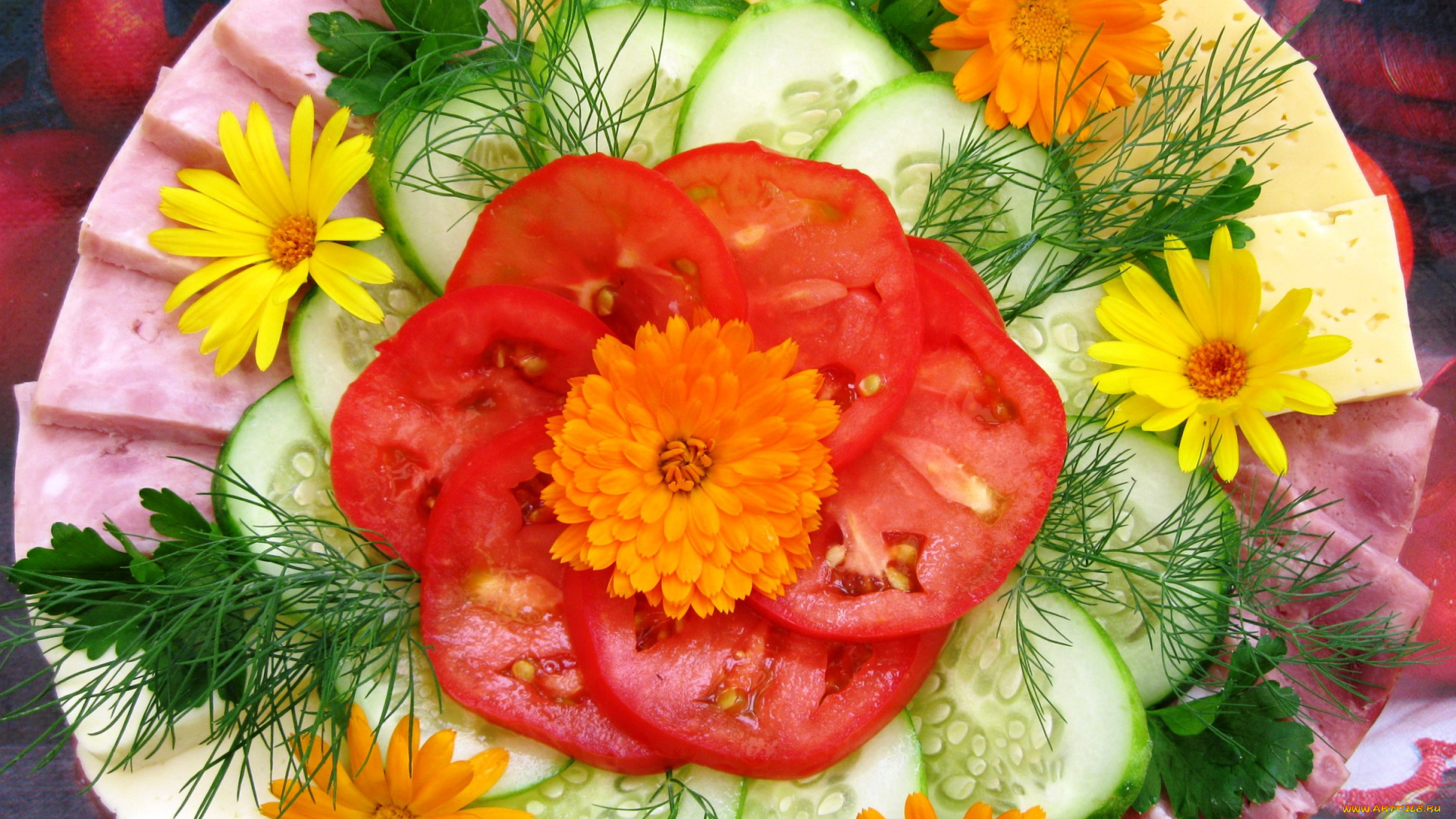 еда, салаты, , закуски, огурцы, помидоры, колбаса, сыр, ветчина