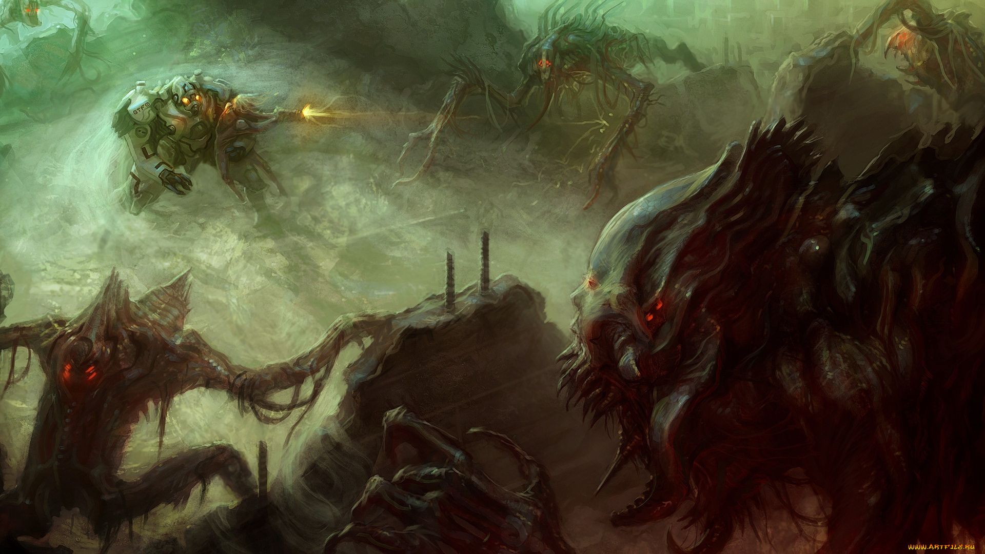 фэнтези, существа, сражение, война, роботы, монстры, мир, иной