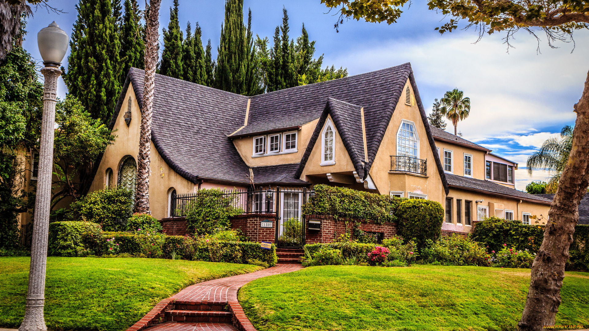 города, -, здания, , дома, фонарь, дорожка, лужайка, особняк