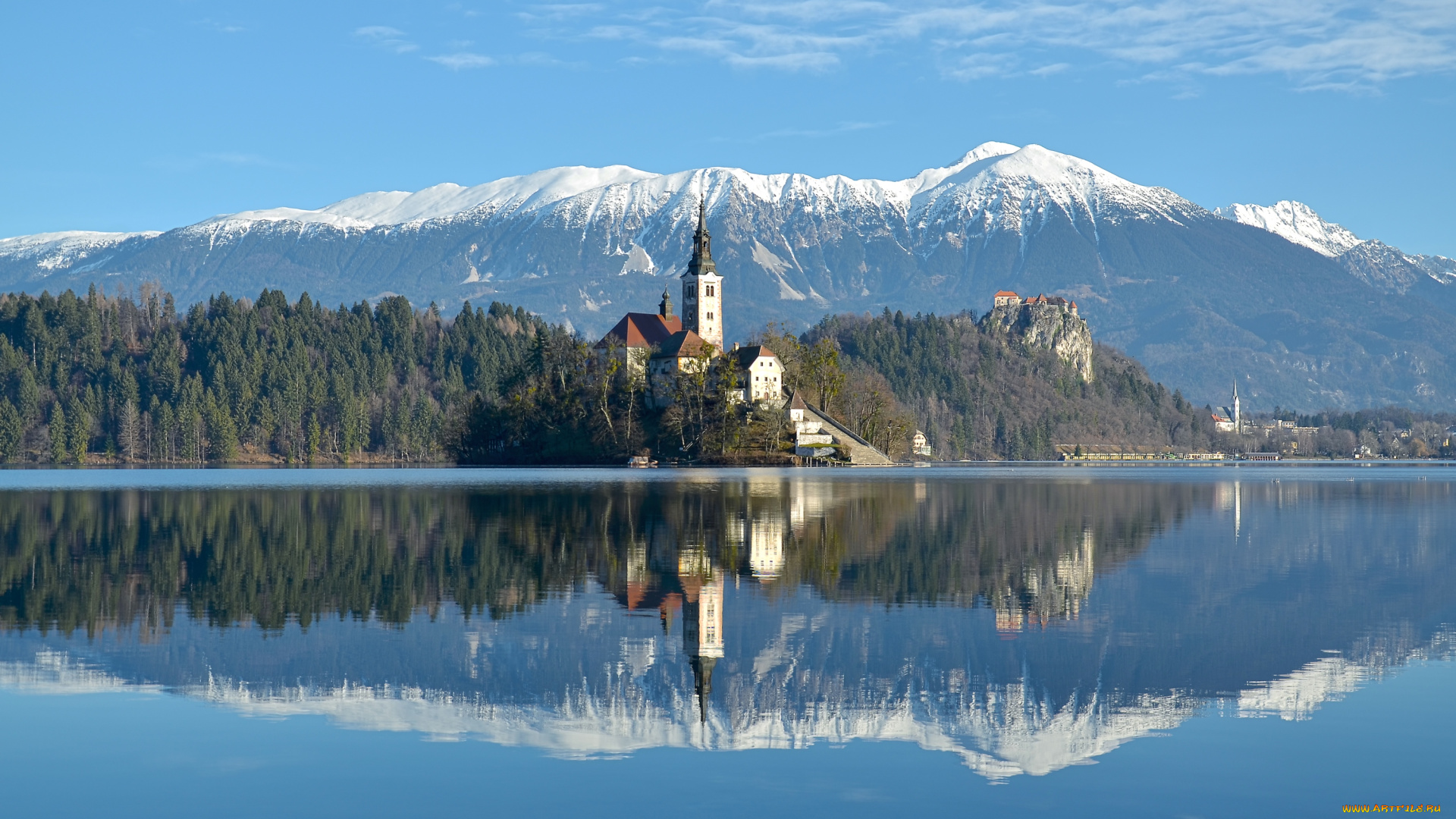 города, блед, , словения, церковь, озеро