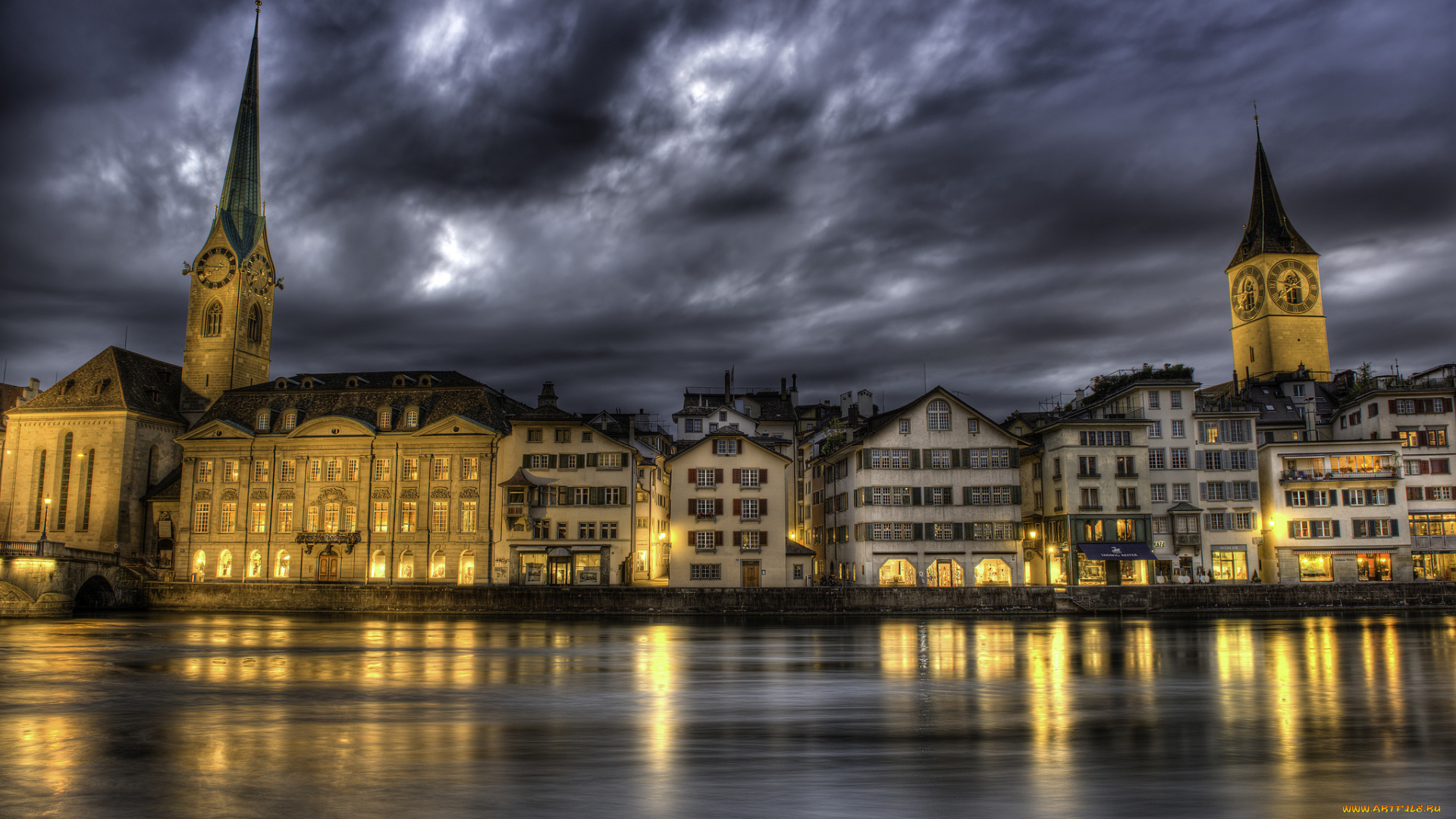 города, цюрих, , швейцария, цюрих, дома, река, лиммат, тучи, сумерки, огни