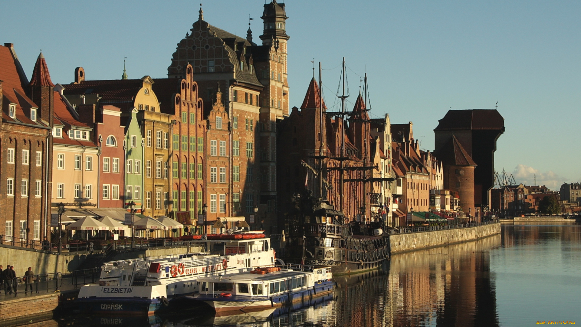 города, гданьск, , польша, набережная, вода