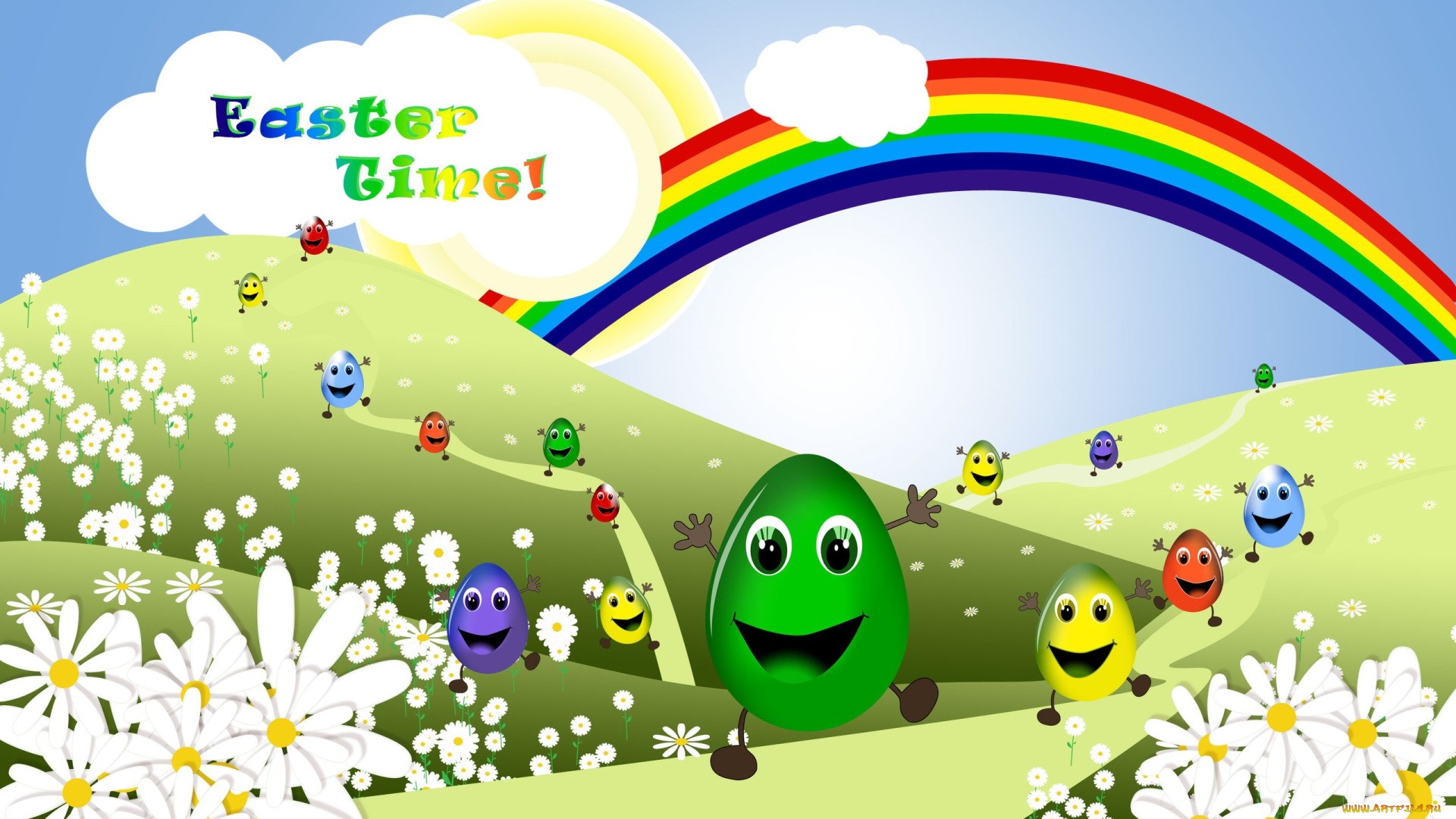 праздничные, пасха, облака, радуга, цветы