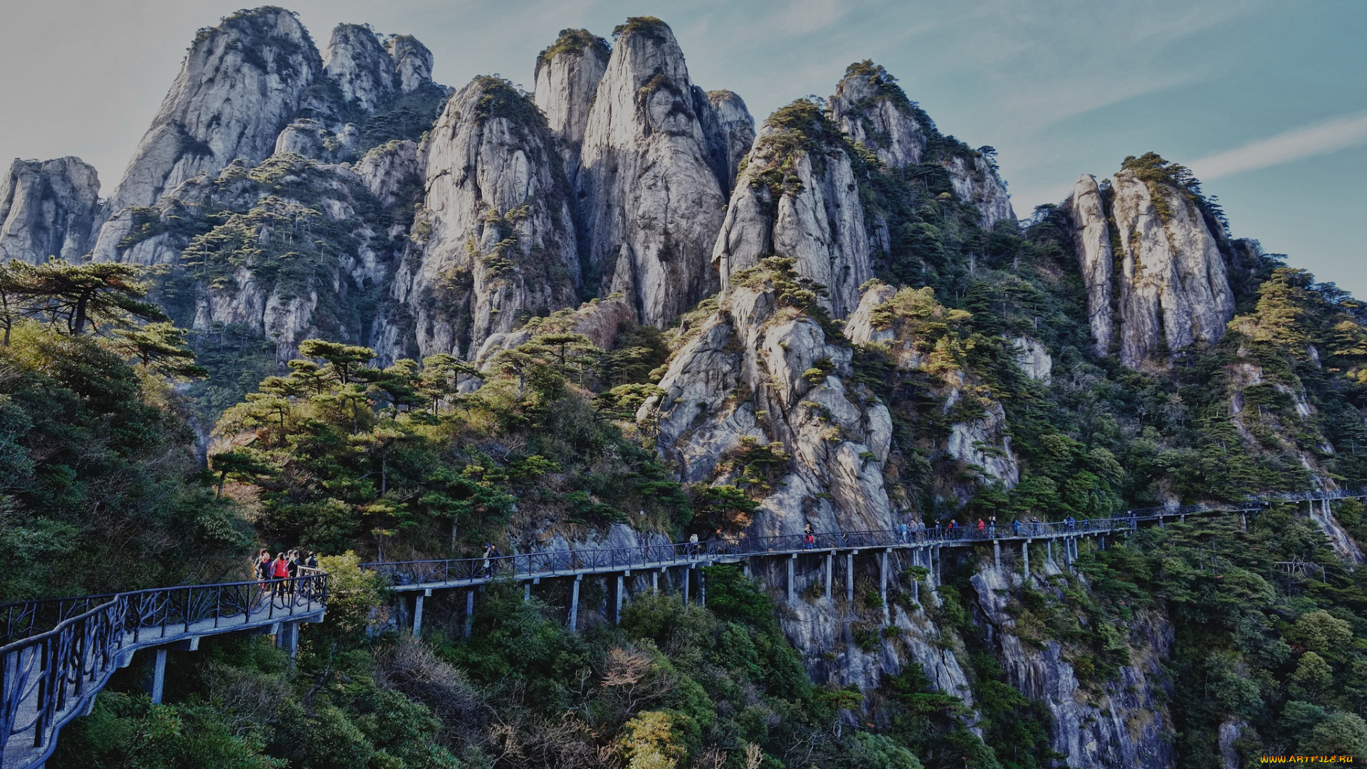 природа, горы, мост, лес, скалы