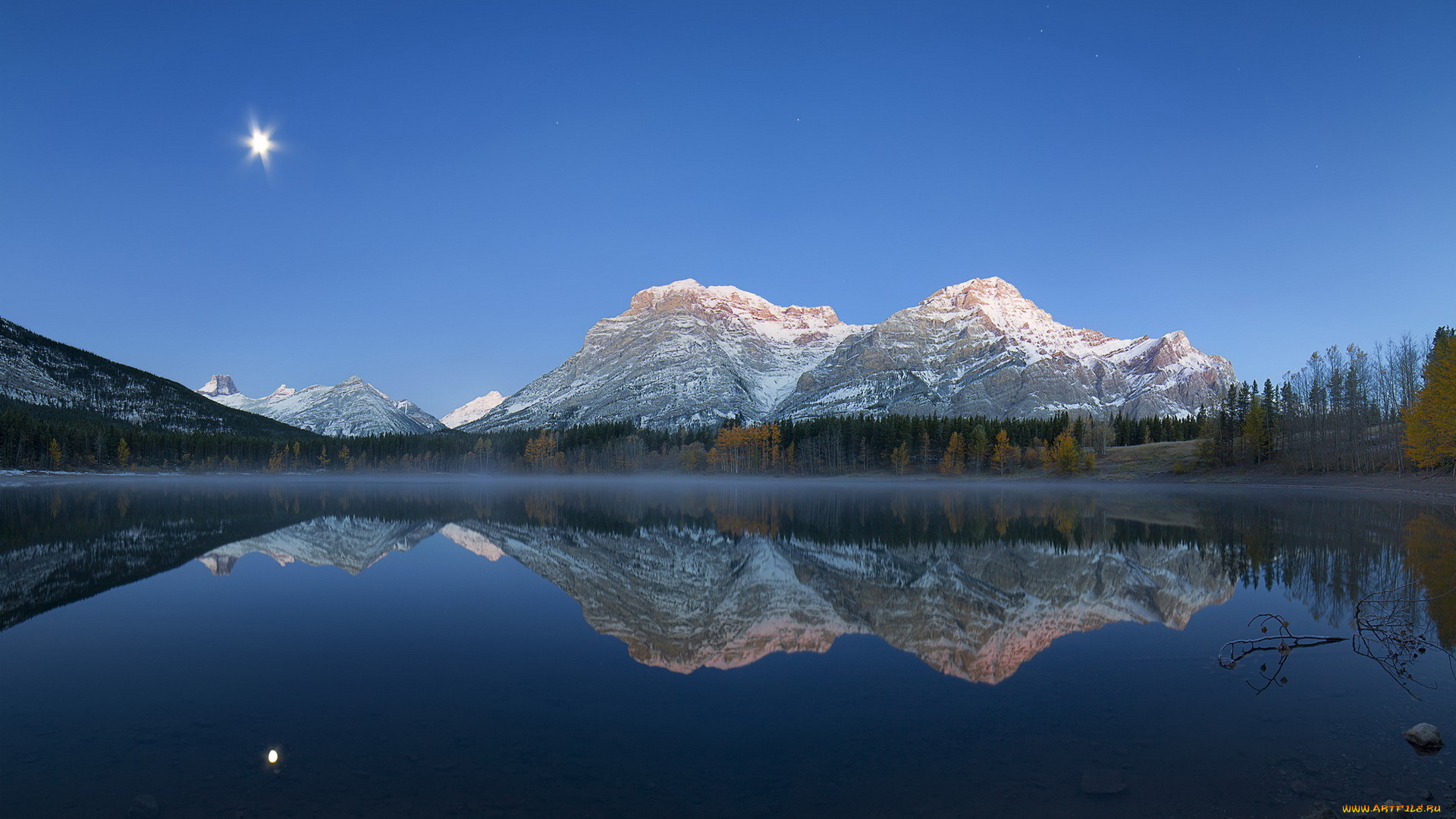 природа, реки, озера, горы, лес, озеро, луна, ночь, отражение