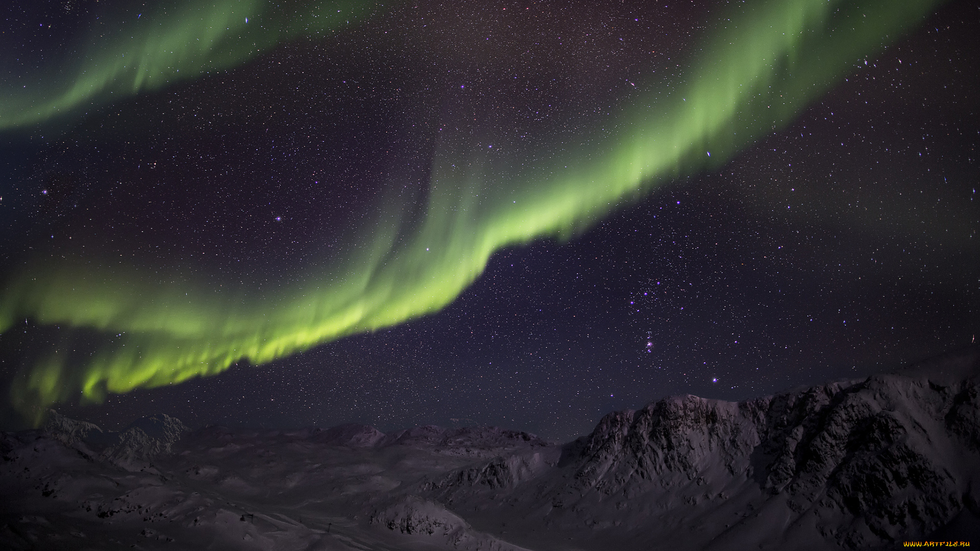 природа, северное, сияние, горы, звезды, зима, снег, зеленая, ночь, aurora, borealis