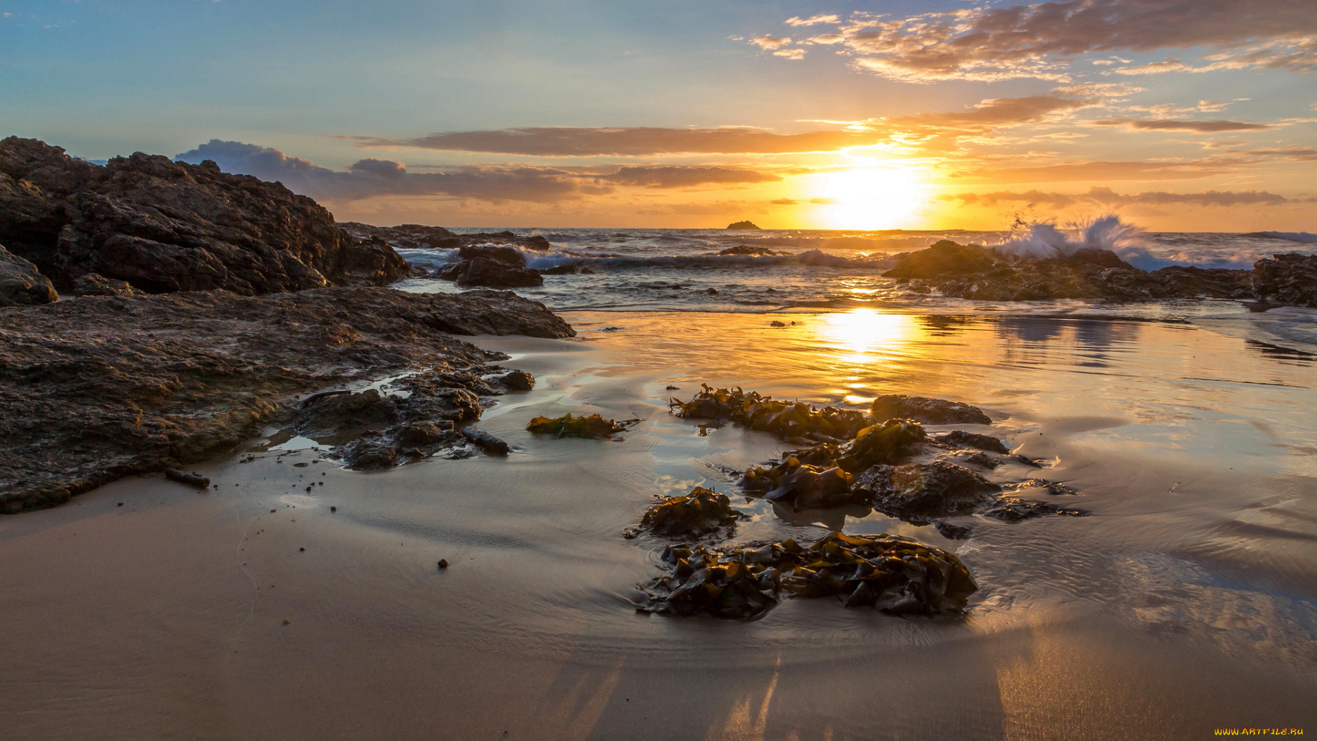 природа, восходы, закаты, пляж, океан, солнце, тучи, горизонт, волны, камни