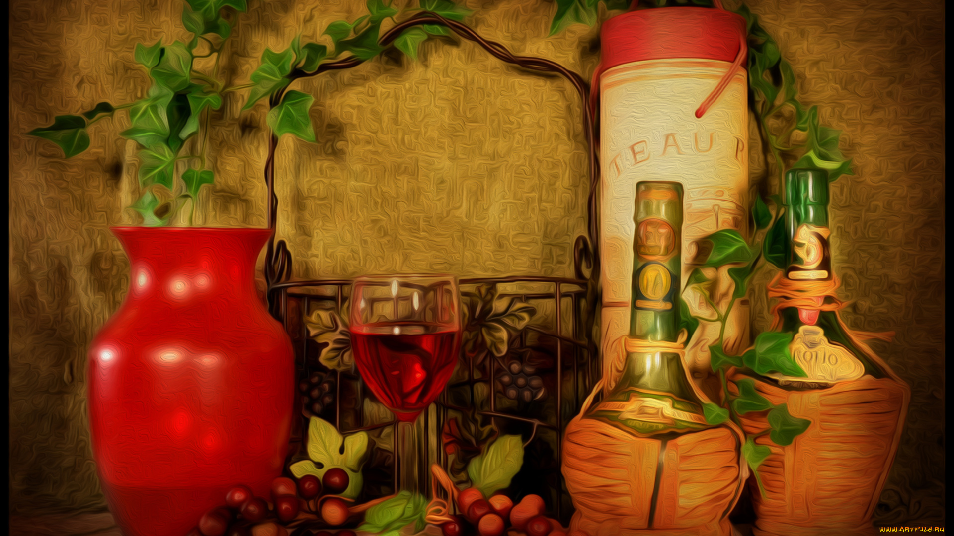 рисованные, -, другое, натюрморт, листва, банки, бутылки
