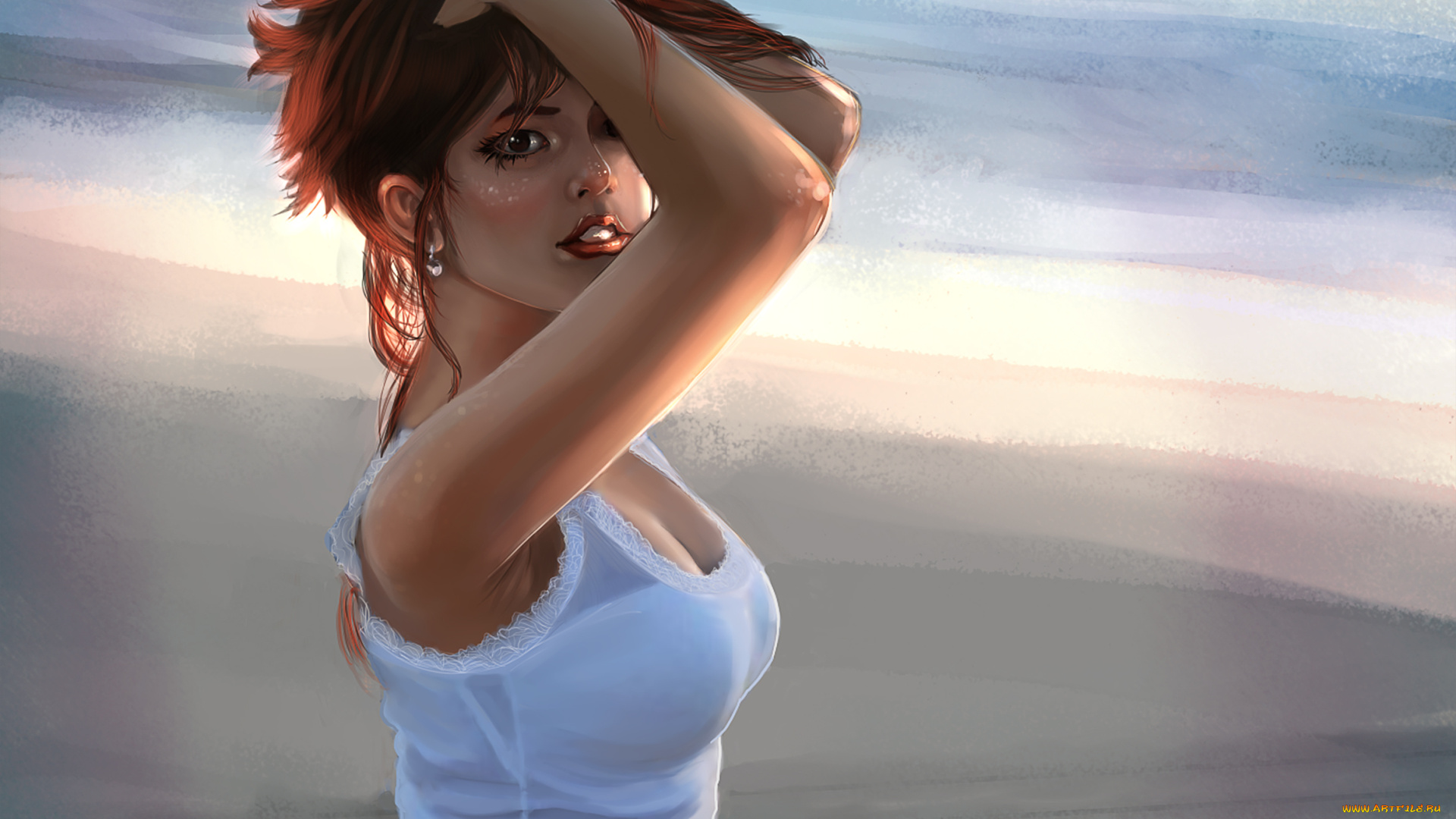 рисованные, люди, девушка, взгляд, лицо, волосы, белая, майка, руки