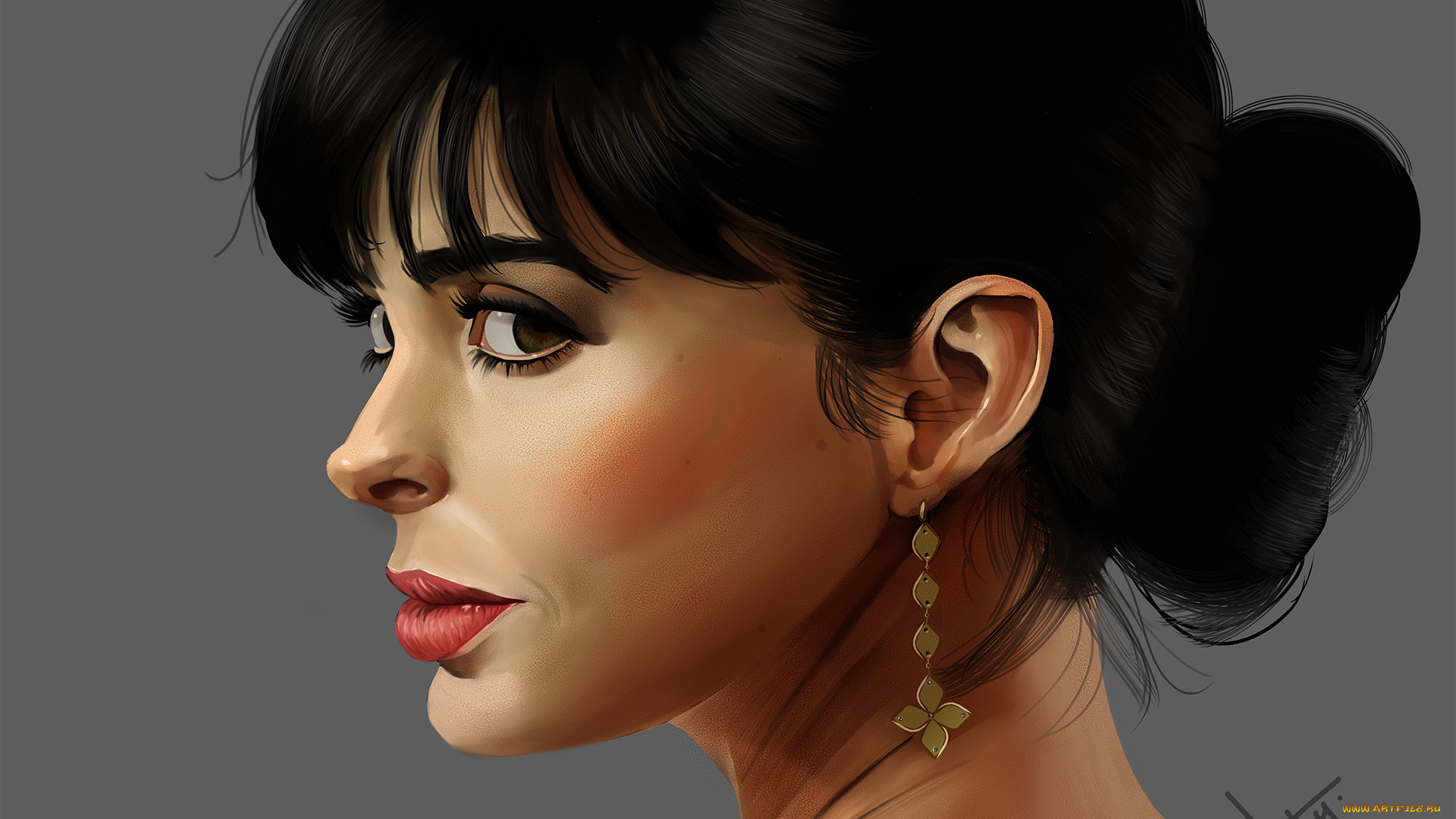 рисованные, люди, взгляд, карие, глаза, волосы, шея, серьги, фон