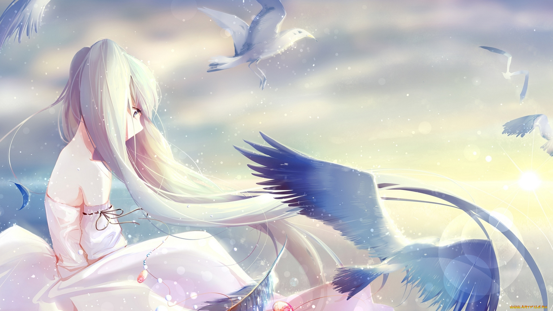 vocaloid, аниме, арт, holmesa, девушка, hatsune, miku, вокалоид, небо, облака, птицы, свет, кулон