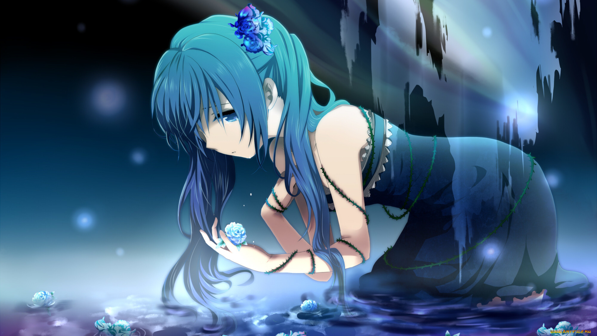 vocaloid, аниме, шипы, розы, цветы, вода, девушка, hatsune, miku, вокалоид, marireroy, mariwai, арт