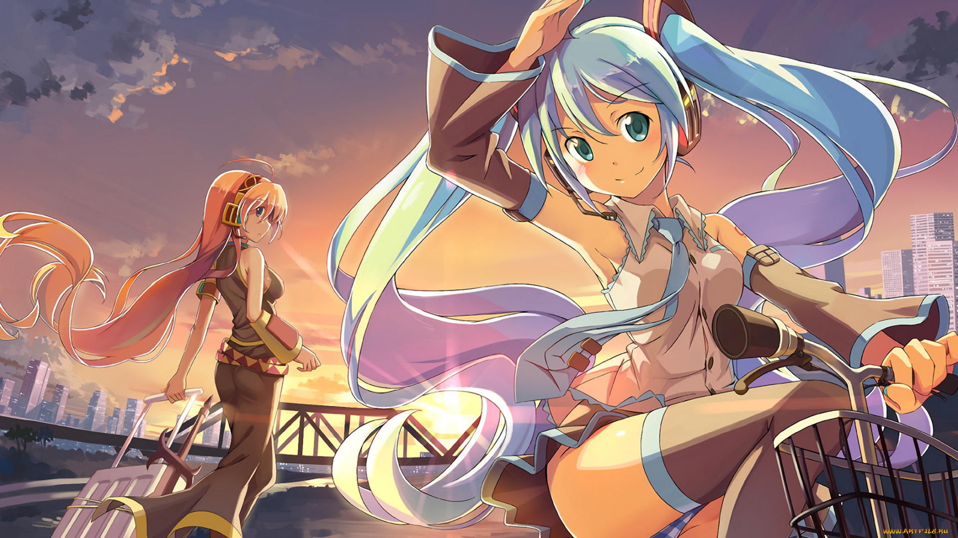 vocaloid, аниме, закат, велосипед, девушки, megurine, luka, hatsune, miku, beek, art