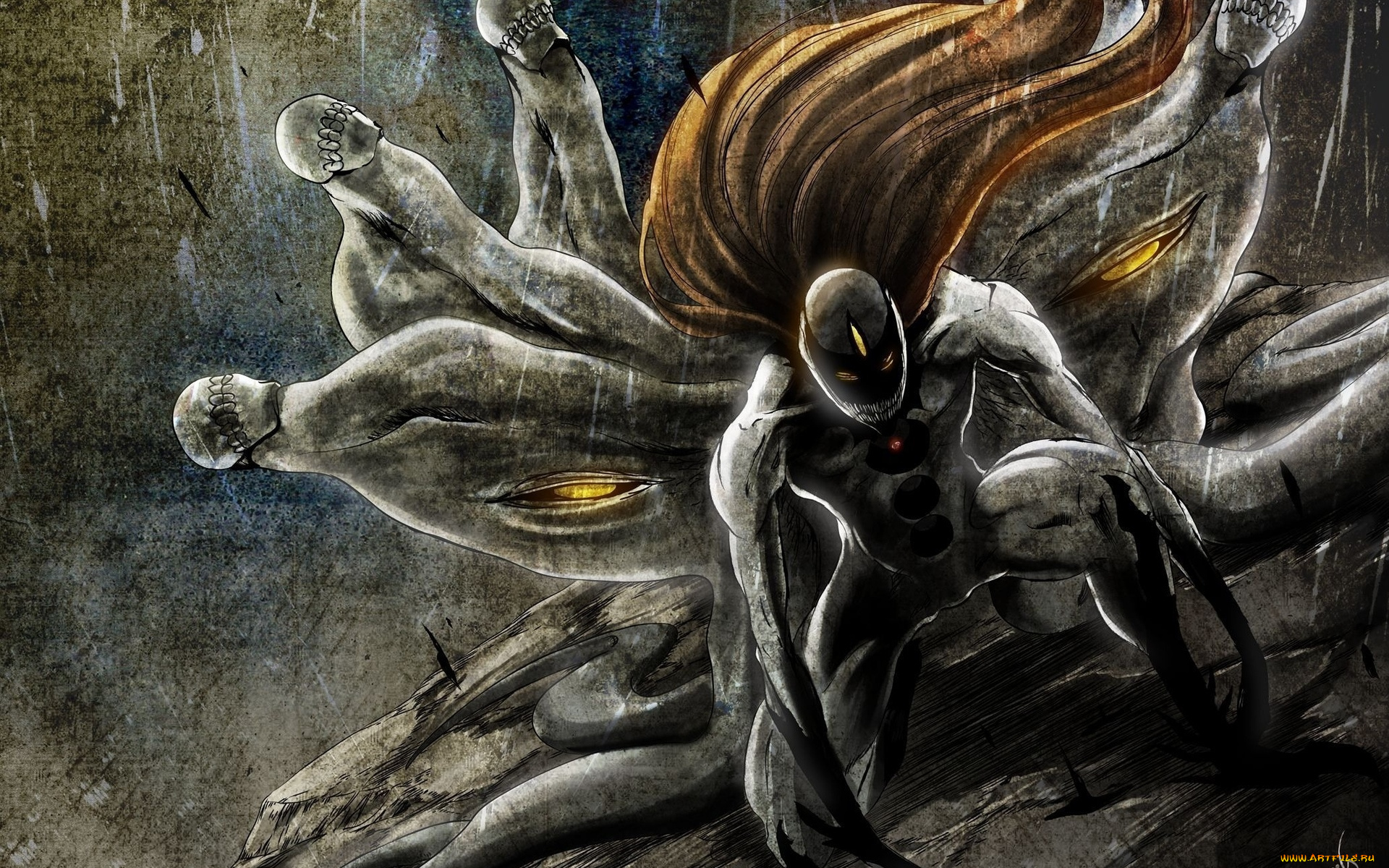 аниме, bleach, блич, арт, монстр, волосы, черепа, дождь