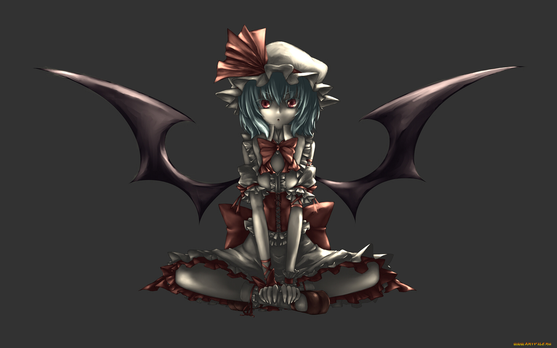 аниме, touhou, серый, фон, игра, remilia, scarlet, крылья, девушка, art