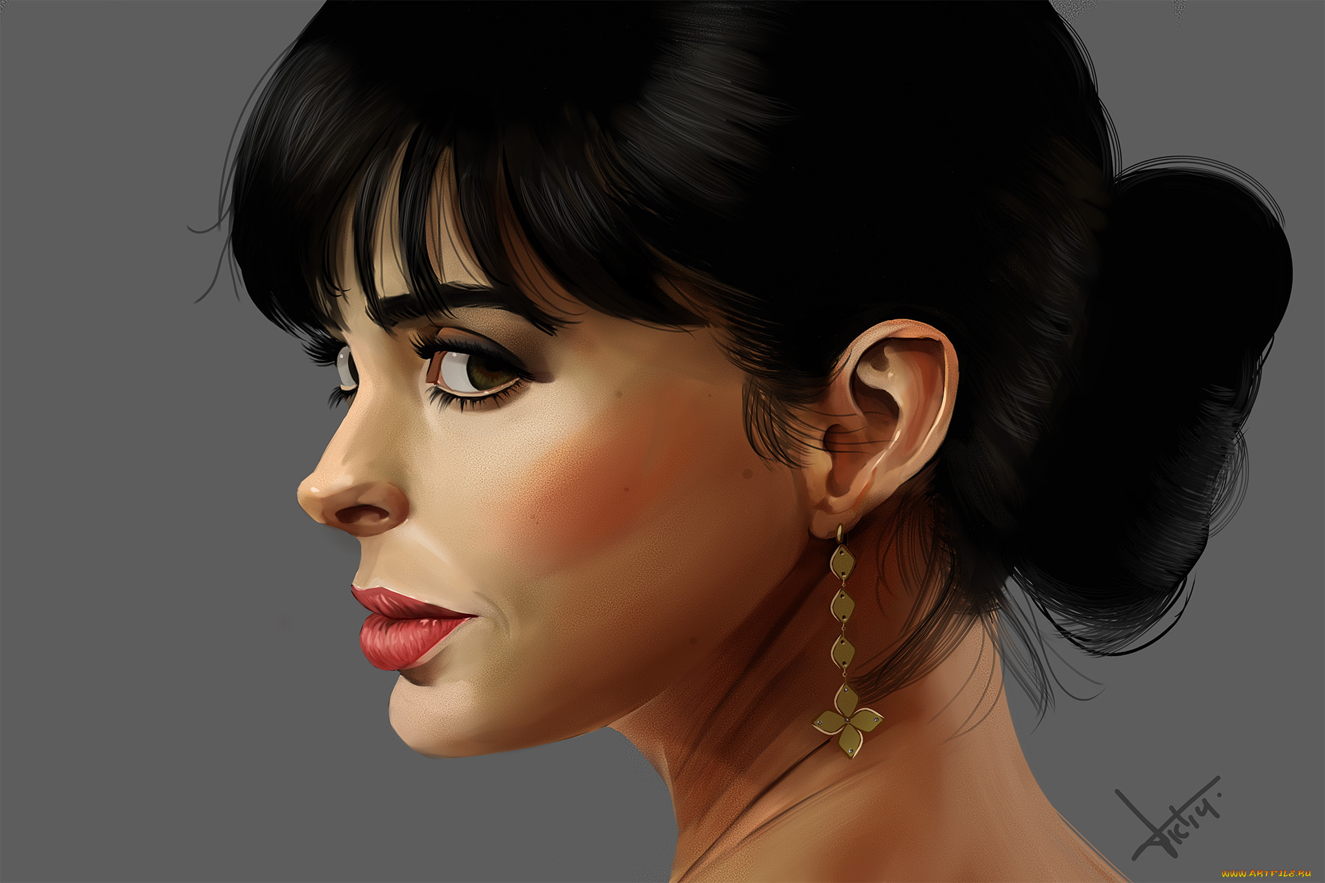 рисованные, люди, взгляд, карие, глаза, волосы, шея, серьги, фон