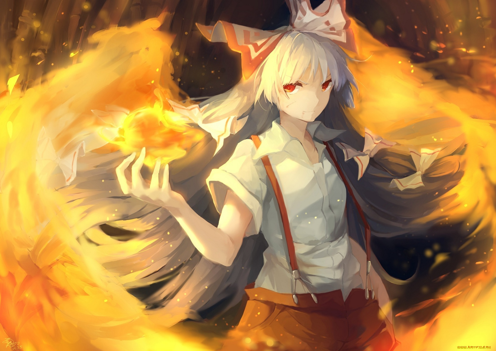 аниме, touhou, бант, крылья, fujiwara, no, mokou, shuzi, арт, огонь, магия, девушка