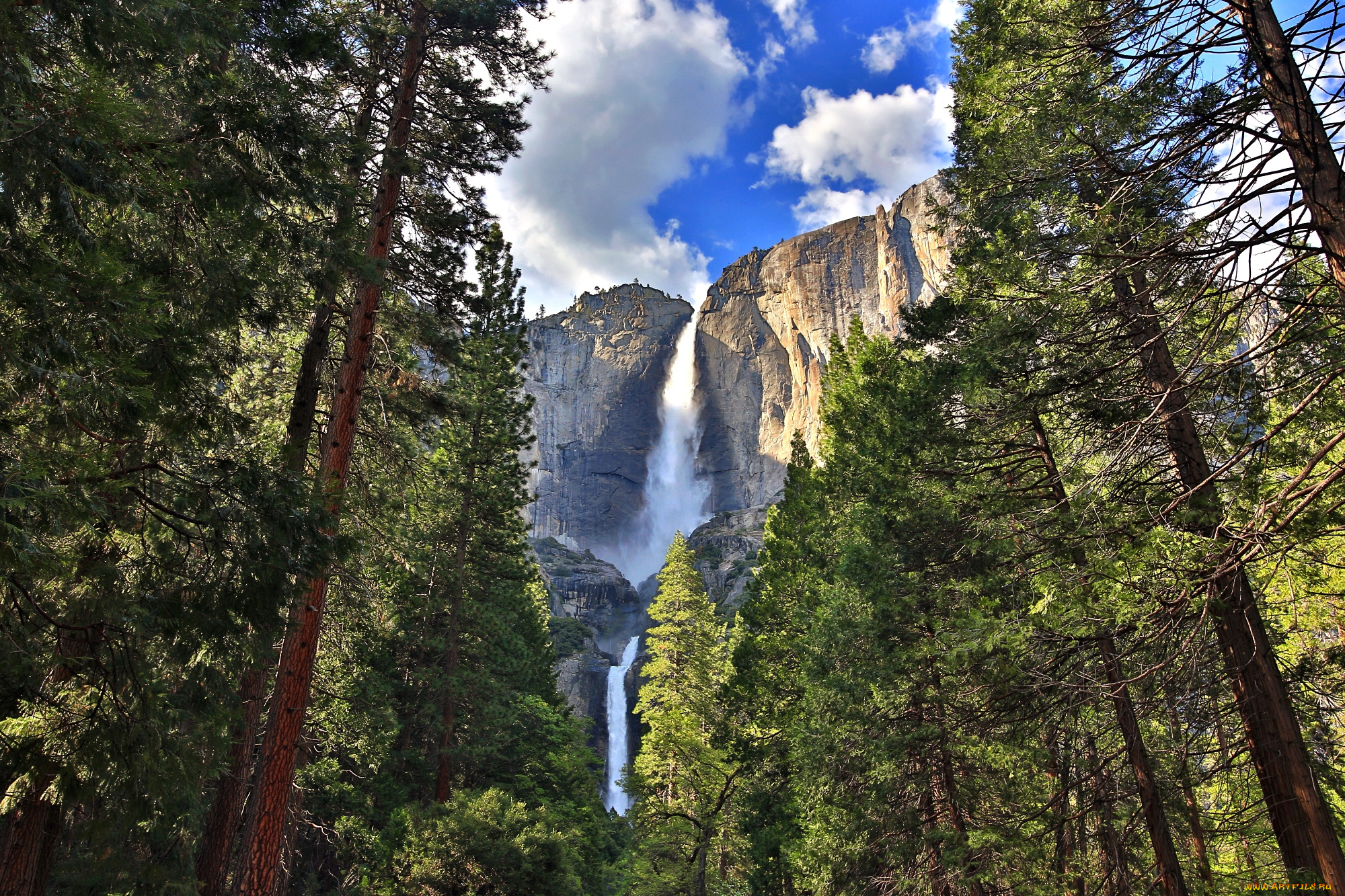 yosemite, falls, природа, водопады, водопад, лес, горы, скалы