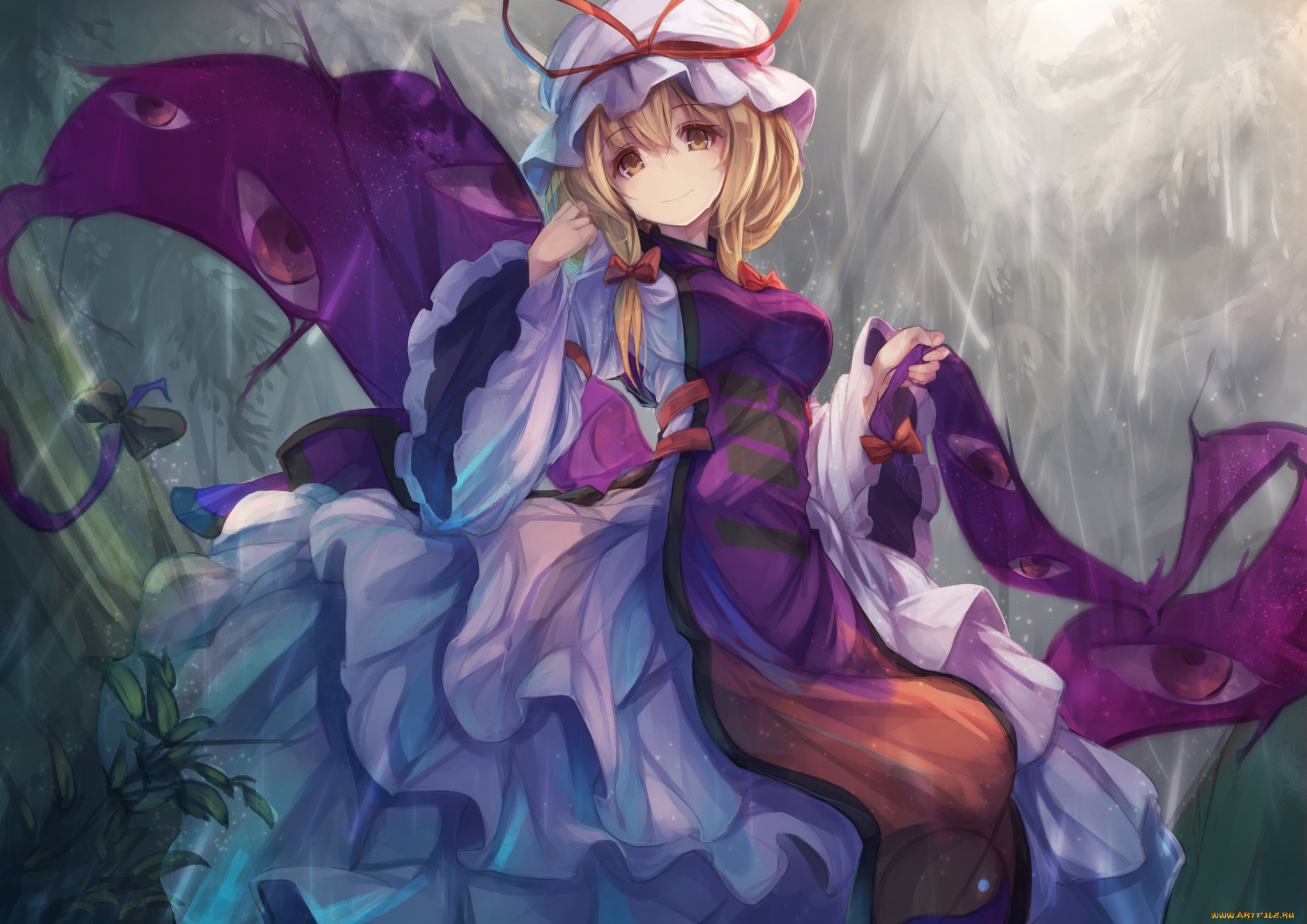 аниме, touhou, платье, шарф, yakumo, yukari, чепчик, глаза, арт, halmaro, девушка