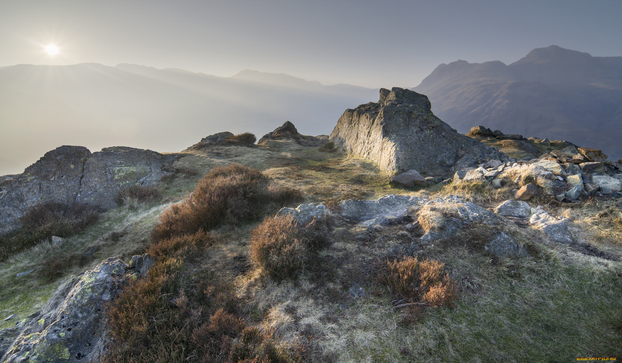 природа, горы, дымка, солнце