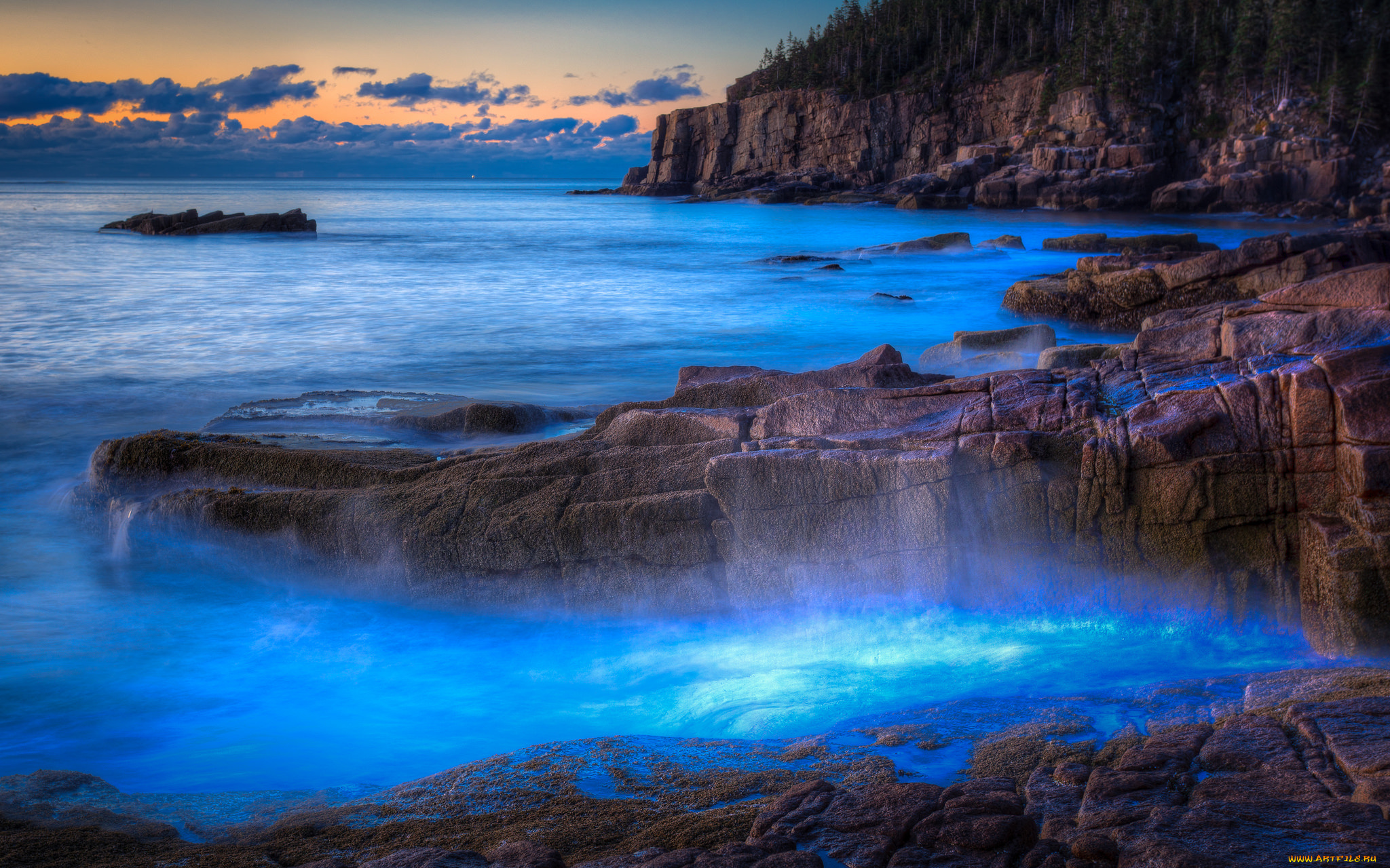 природа, побережье, океан, лес, тучи, скалы, камни, бухта, волны