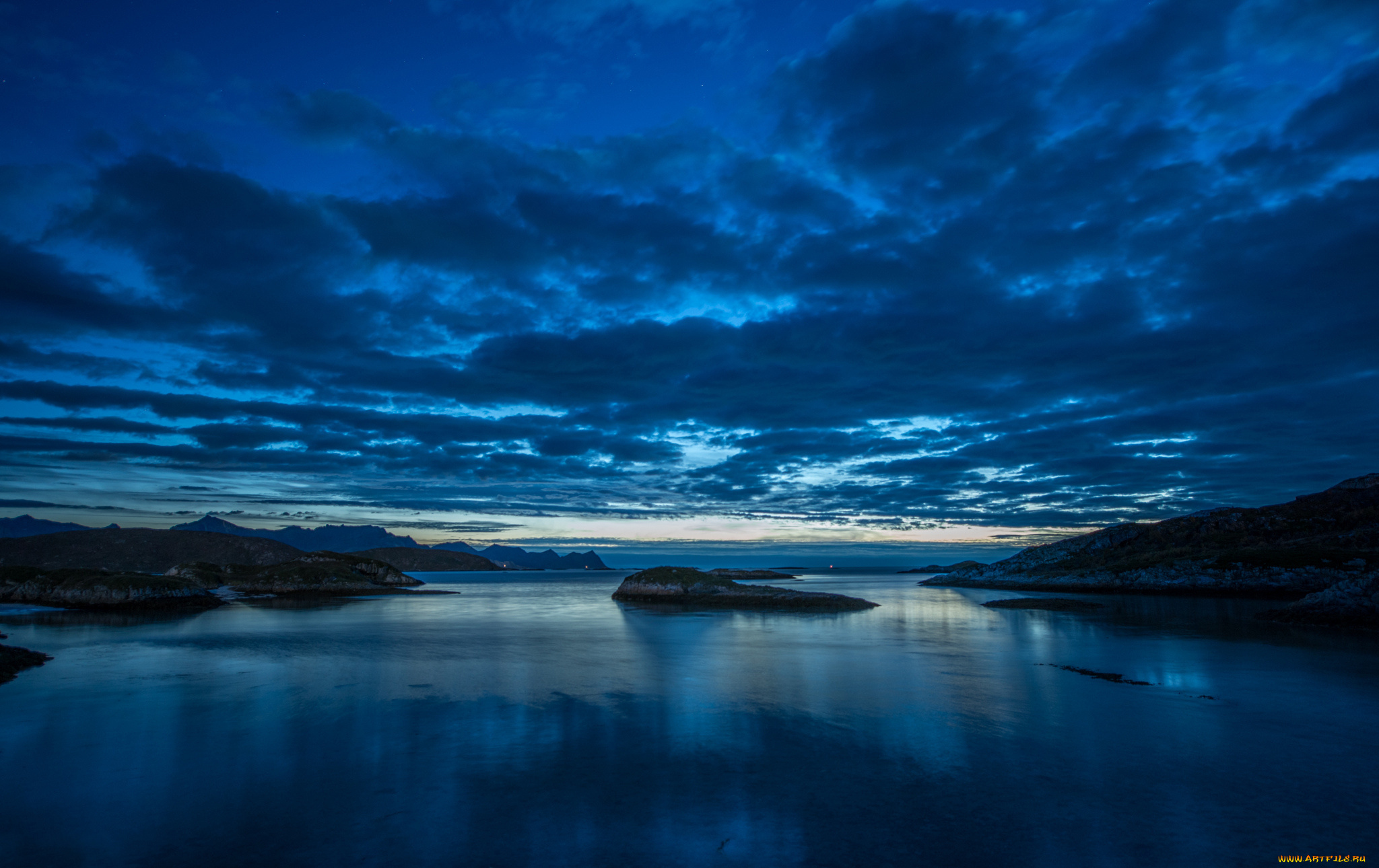 природа, реки, озера, горы, залив, острова, ночь