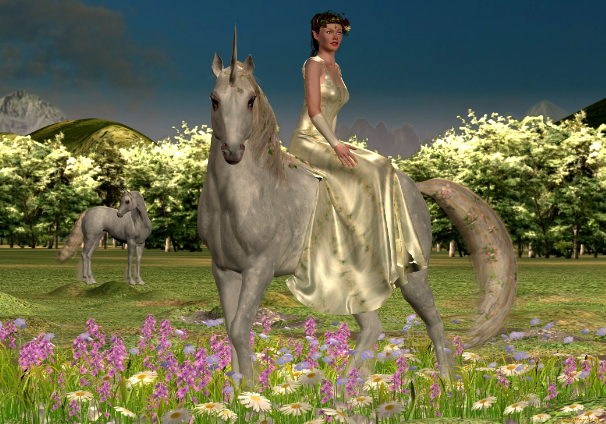 3д, графика, fantasy, , фантазия, единороги, девушка, природа