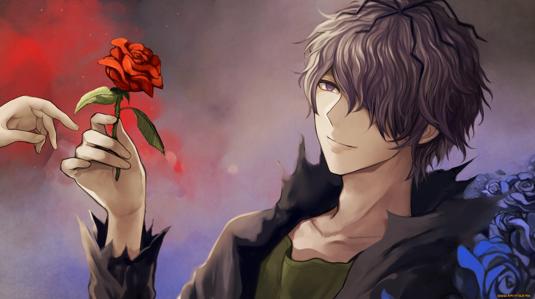 аниме, ib, роза, цветок, рука, парень, gary, harano, арт