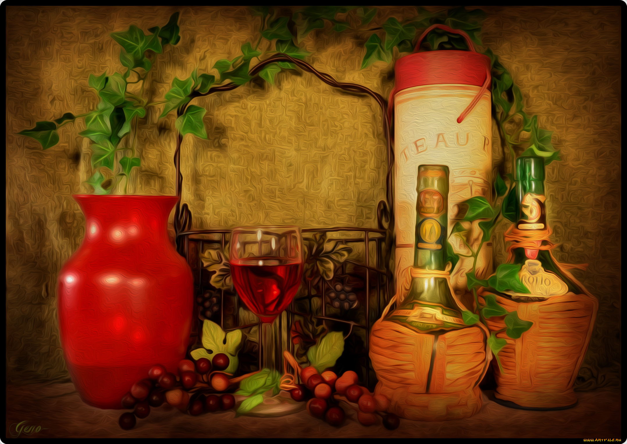 рисованные, -, другое, натюрморт, листва, банки, бутылки