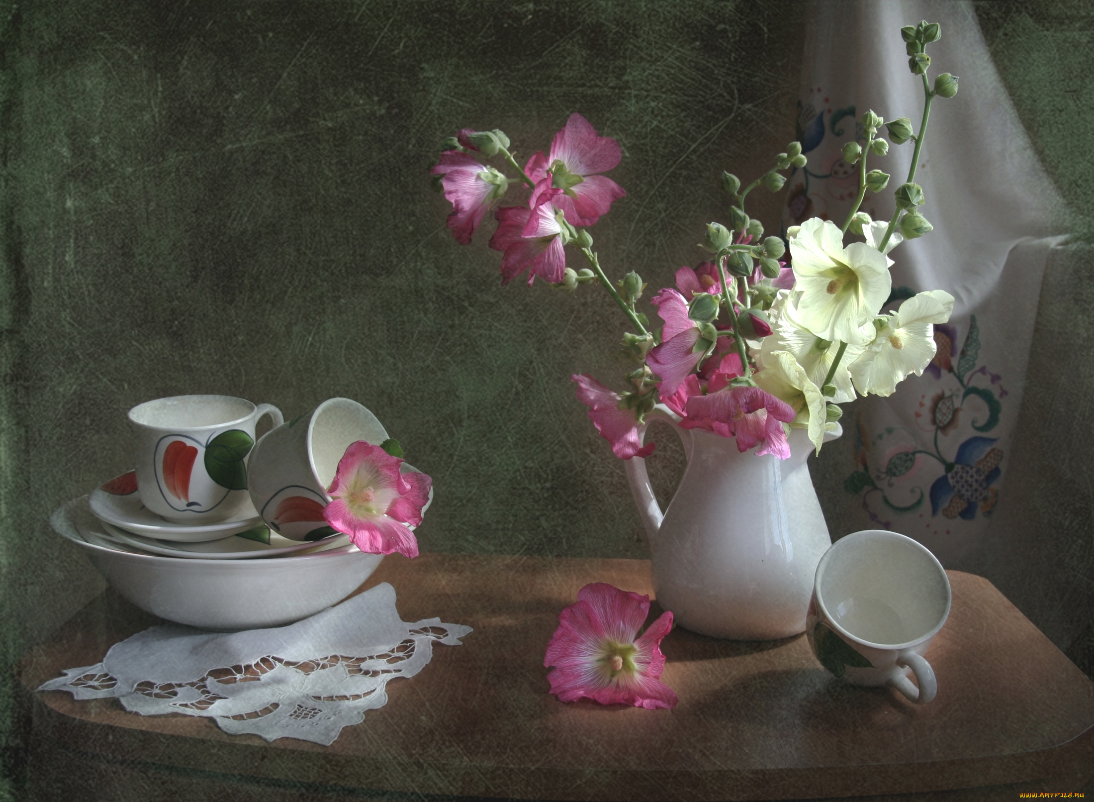цветы, мальвы, чашки, букет