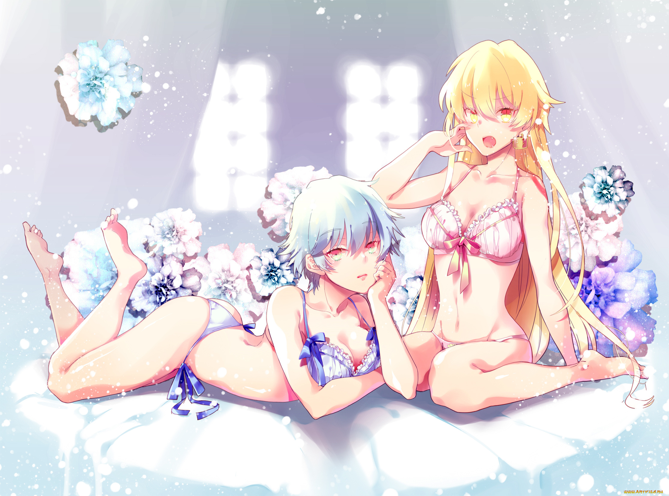 аниме, gintama, soulberry, лёжа, цветы, девушки, paako, gilgamesh, sakata, gintoki, fate, обнажены, белье, арт