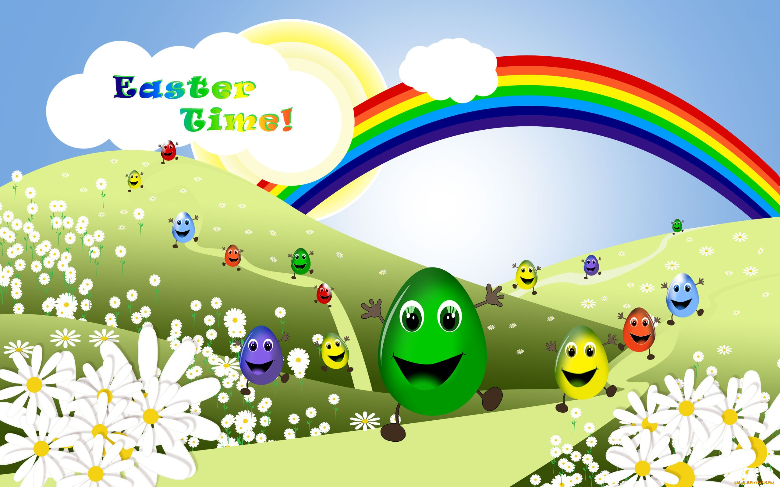 праздничные, пасха, облака, радуга, цветы