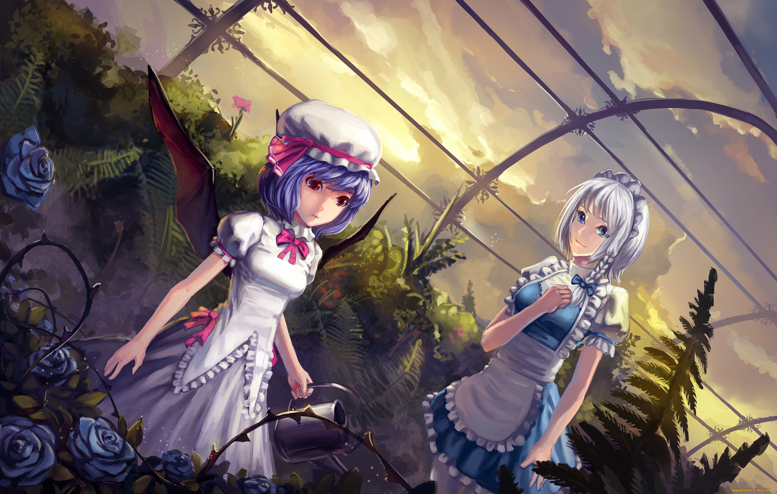 аниме, touhou, арт, лейка, крылья, розы, цветы, оранжерея, девушки