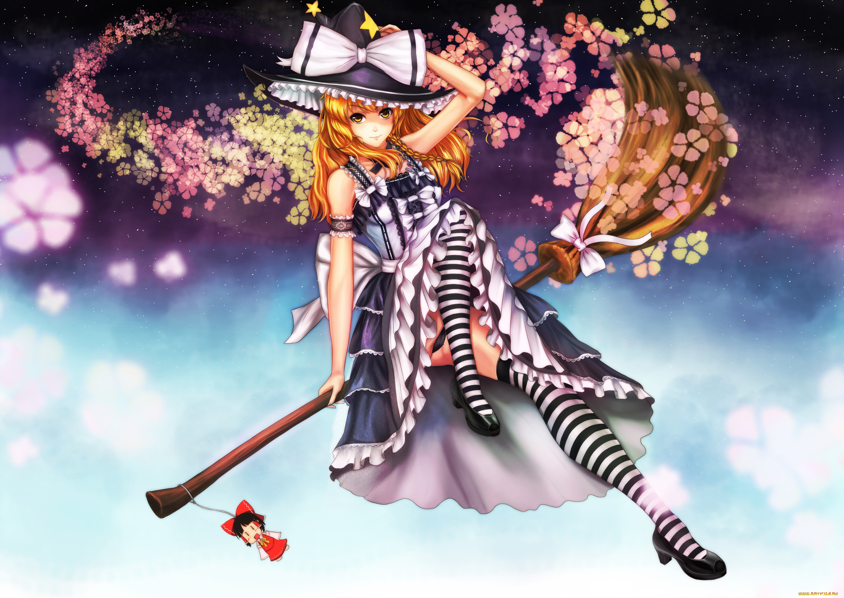 аниме, touhou, kirisame, marisa, девушка, ytoy, art, магия, метла, улыбка, взгляд