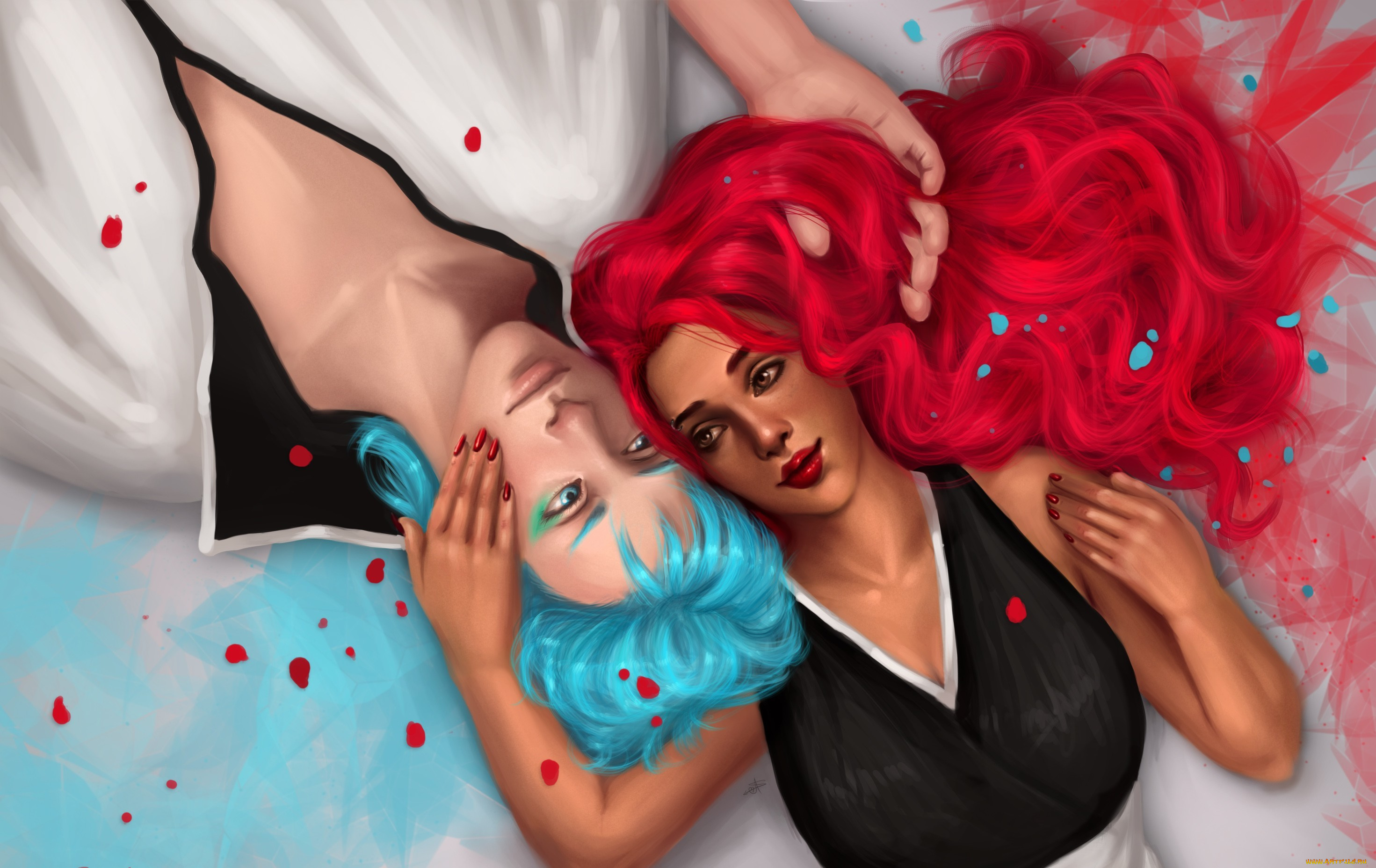 аниме, bleach, гримджоу, джагерджак, аранкар, секста, пара, нежность, арт, девушка, синие, волосы, точки, парень, эспада, пустой