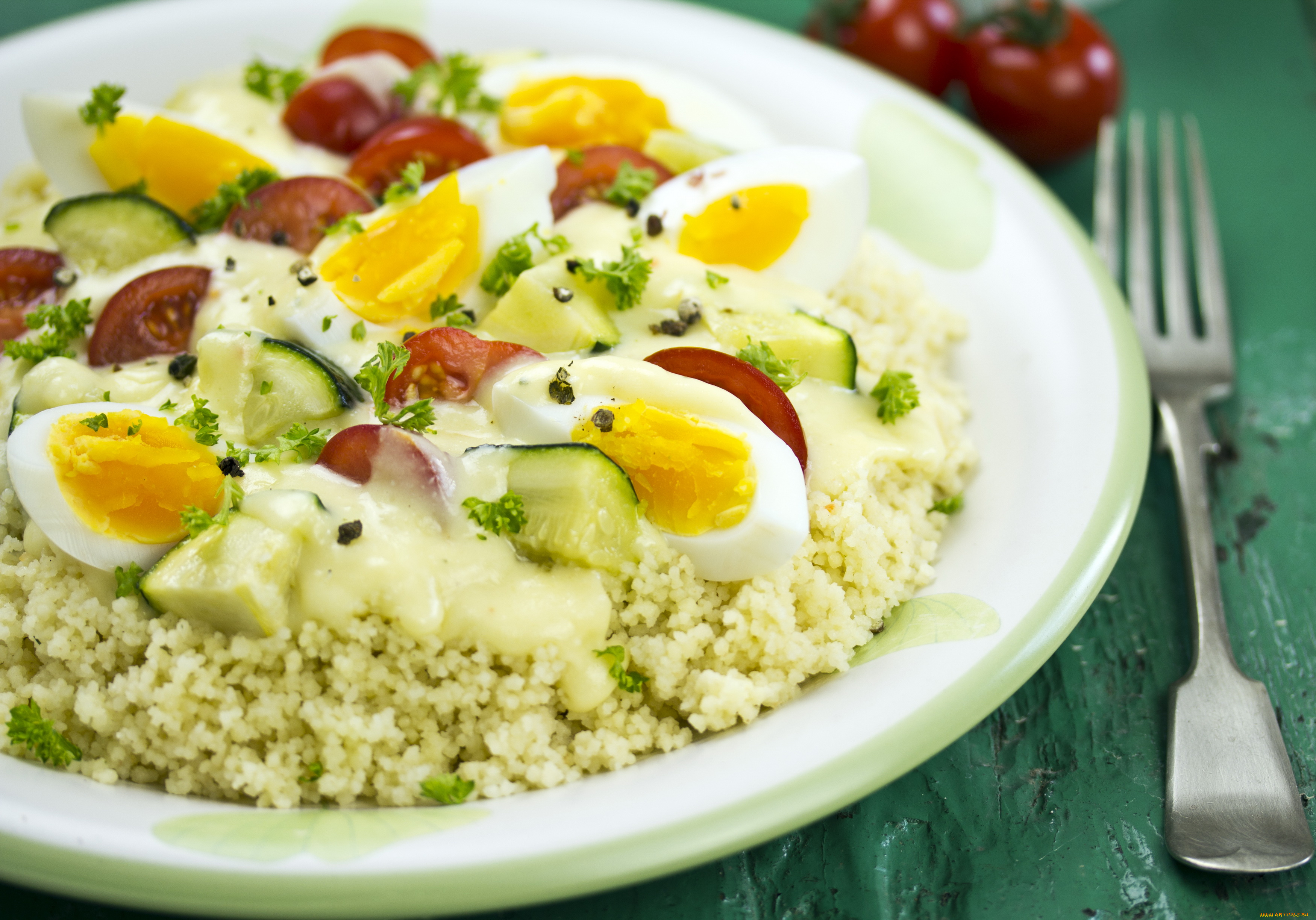 еда, Яичные, блюда, второе, блюдо, соус, помидоры, яйца, каша, посуда, вилка, фон