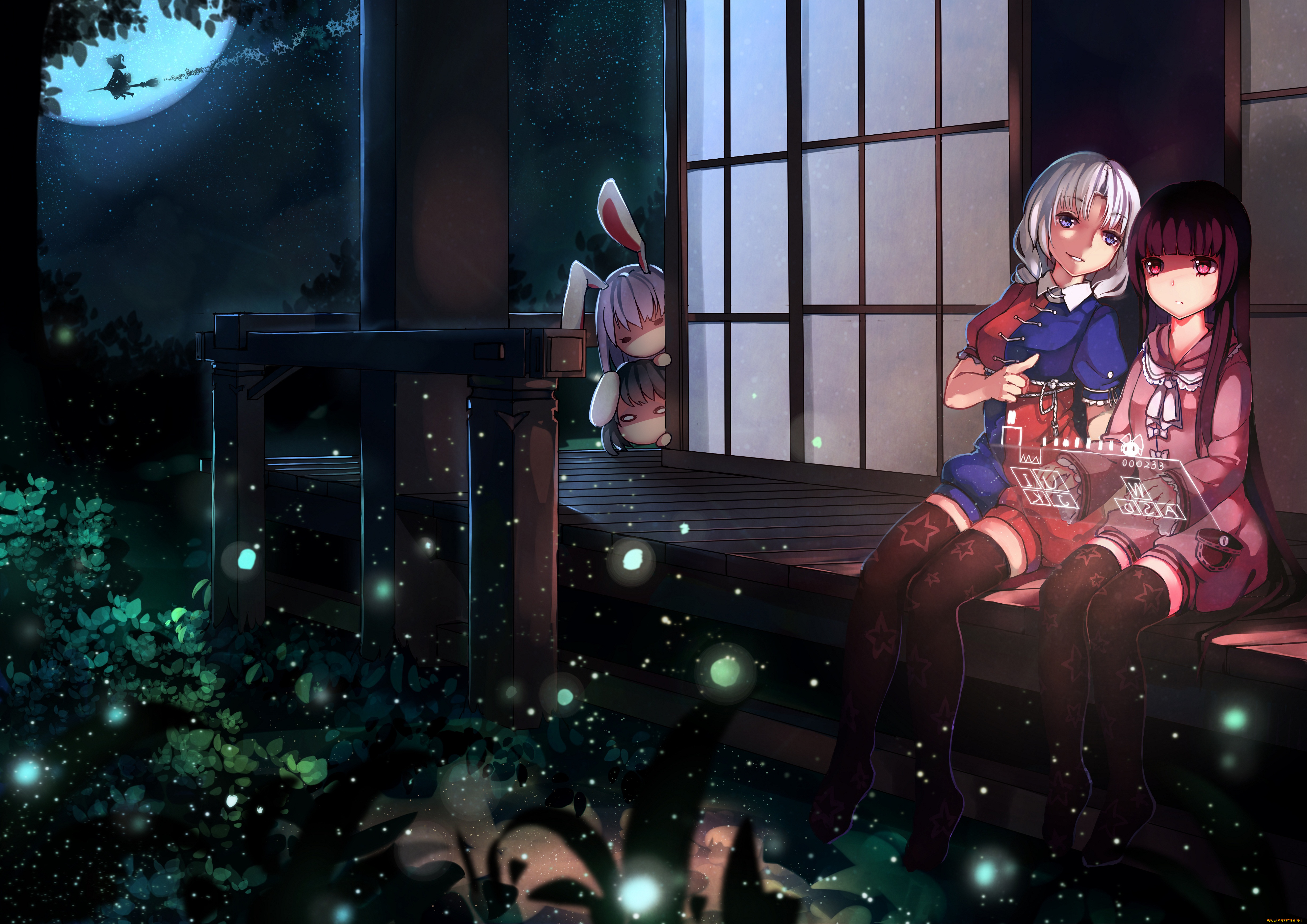 аниме, touhou, yagokoro, eirin, ouhou, houraisan, kaguya, reisen, udongein, inaba, kirisame, marisa, тохо, трава, свет, светляки, ночь, девушки, tewi, звезды, небо, ножки, чулки, луна