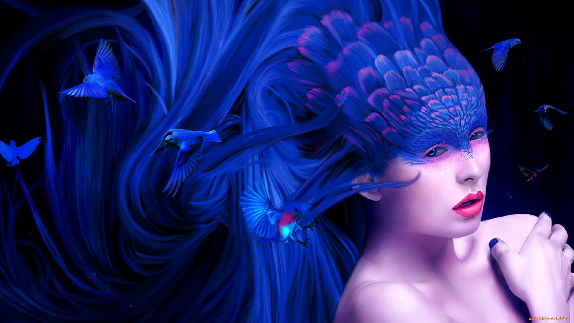 фэнтези, девушки, девушка, лицо, волосы, птицы, сказка