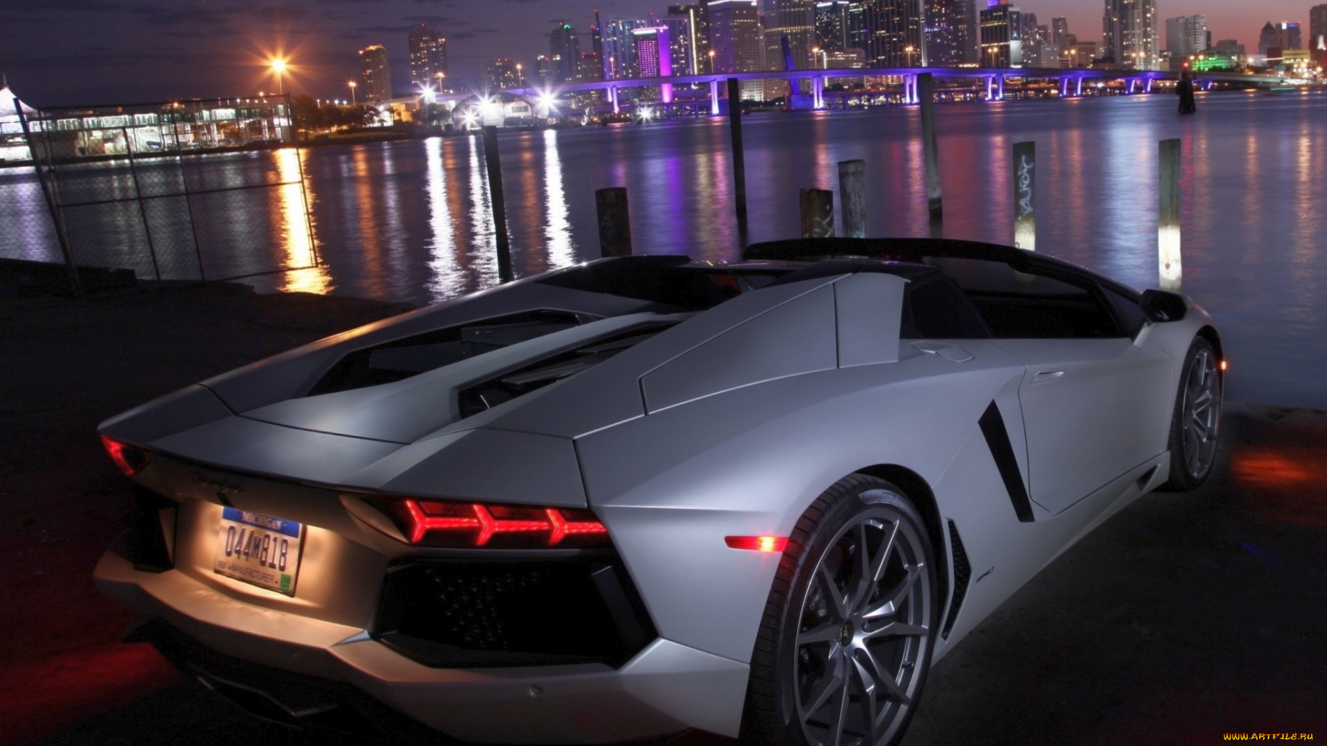 ламбордгини, автомобили, lamborghini, ламборджини, на, берегу, океана, огни, город, ночь