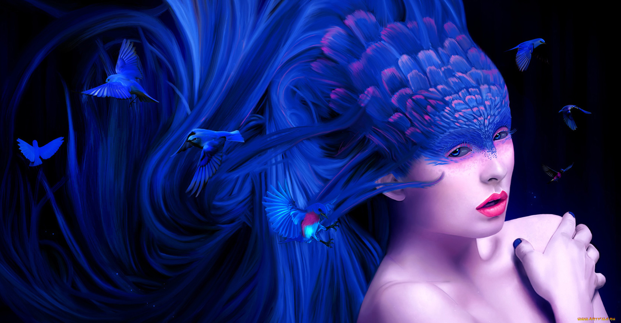 фэнтези, девушки, девушка, лицо, волосы, птицы, сказка